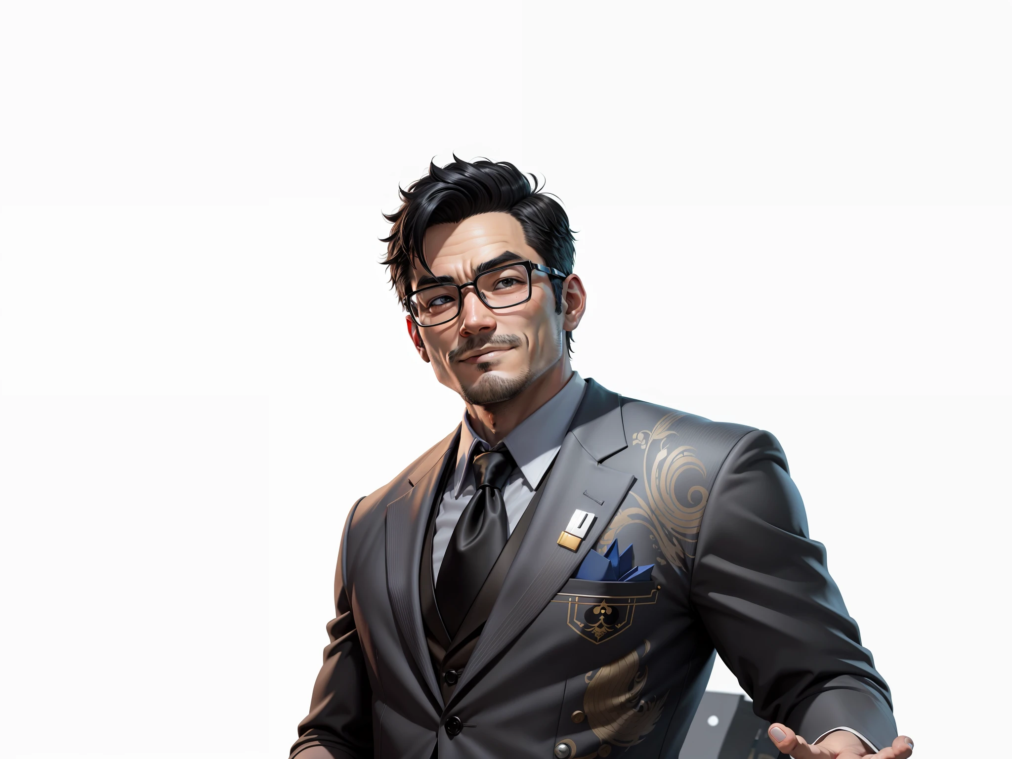 Super young, Japanese suit man, 35 years old, silver glasses, slightly chubby face, clean face, no beard on chin, black super short hair, black eyes, black suit, blue tie, confident smile, digital painting, film, 3D character design by Mark Claireden and Pixar and Hayao Miyazaki, the illustration is a high-definition illustration in 4K resolution with very detailed facial features and cartoon-style visuals.