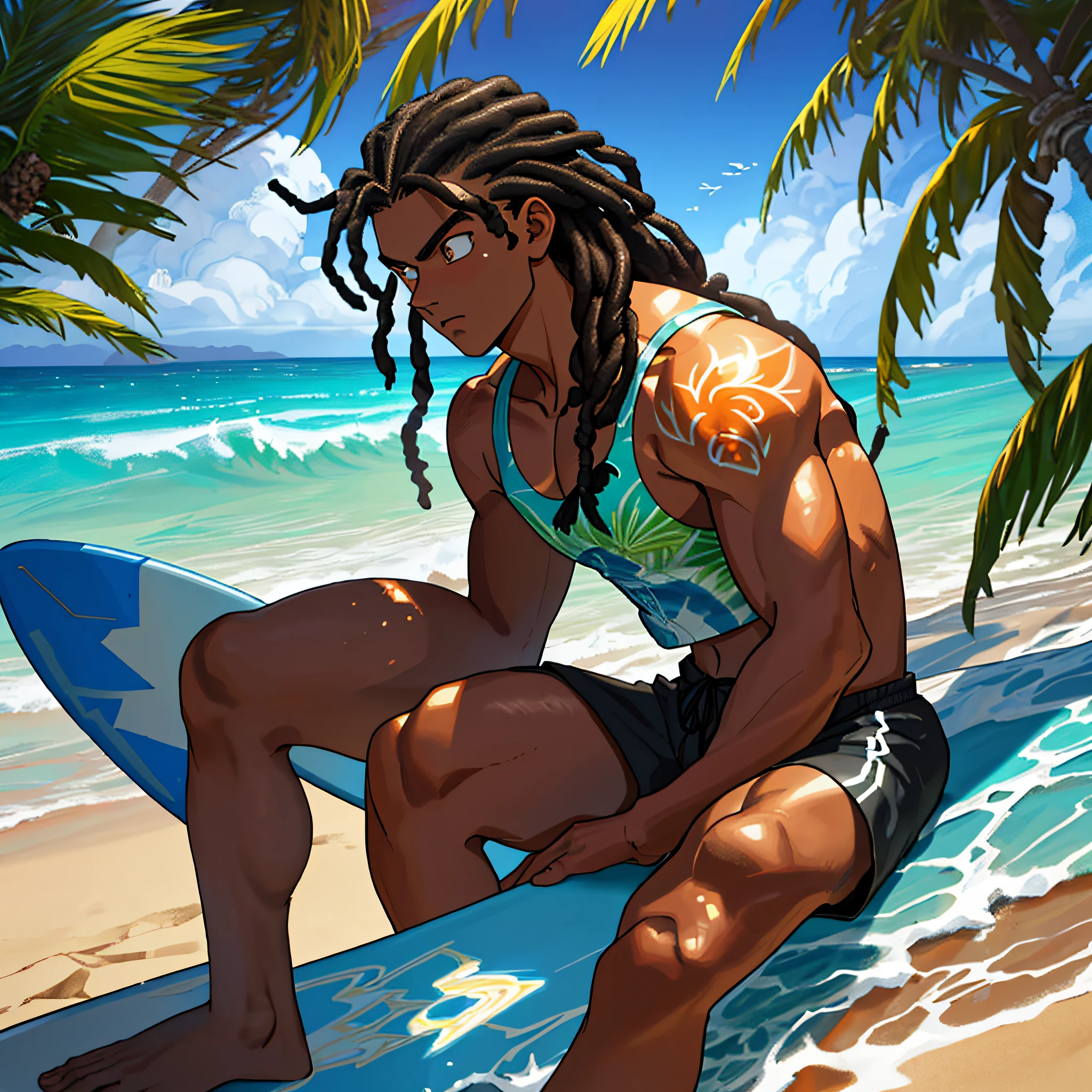 best quality, serious,Summer, sun, beach, coconut palms, swell sea, nature, light blue sky, morro de são paulo, bahia, brazil, second beach, anime style, 2d, surfer catching giant wave in the background, young man sitting in the sand on the shade of the coconut tree next to beautiful girlfriend in bikini, girl of black power and black skin, particles of sand and sea air, with his hand on his knee,  looking down, luminous, dark skin, long hair of dreads, long wavy hair, tan, surfboard, High waves, shirtless, black tank top, black surf shorts with flame design, wearing coconut print shorts, Hangdown, thoughtful, sunlight, sparkle on the face, light illuminating the faicha two eyes, shadow on the face, fumando um baseado soltando a fumaça no ar, sitting on the sand, vegetation around, stone with moss, paradise, Lost Paradise, Mystic, Magic, Misterious Atmosfere, Manga Style, Dragon Ball Z, close-up on the face, beam of light on the face with particles, surfer catching wave on the giant in the sea giving a rip, boards buried in the sand of the beach