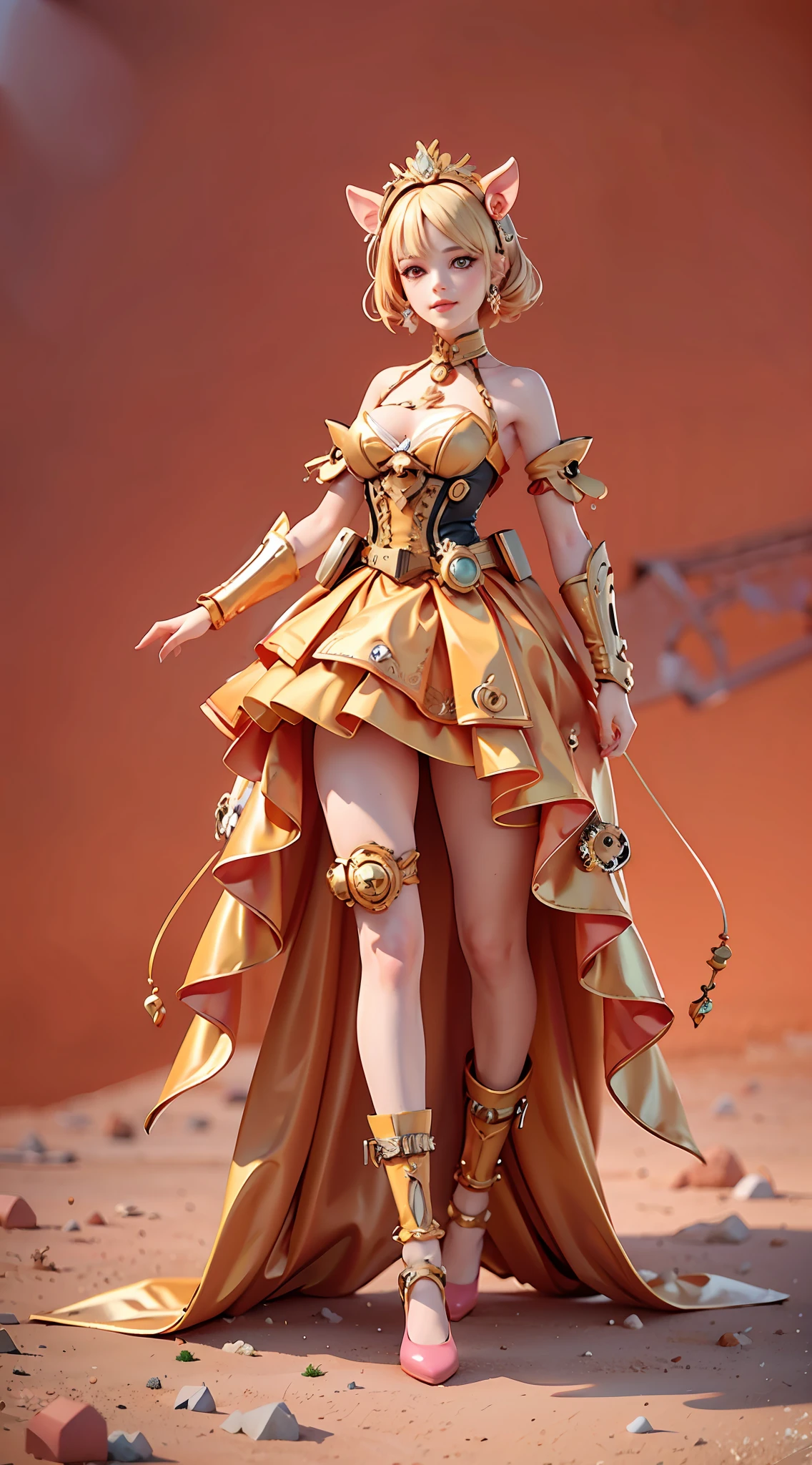 Broken [orange: pink: 0.5] theme, ((gradient background: 1.1))),panorama, full body, best quality, masterpiece, super high resolution, (realism: 1.4), absurd, cinema lighting, (best vista photo of mechanical girl), (anatomically correct), ((pig ear shaped headdress)), ((glowing light)), blonde, short hair, red eyes, smile, delicate tiara, ((pink shoes))(((sideways))), (koh_amberheard:0.9), extremely detailed face, surrealism, steampunk, intricate design, extremely detailed, exquisite details, HDR (High Dynamic Range), ray tracing, perfect proportions