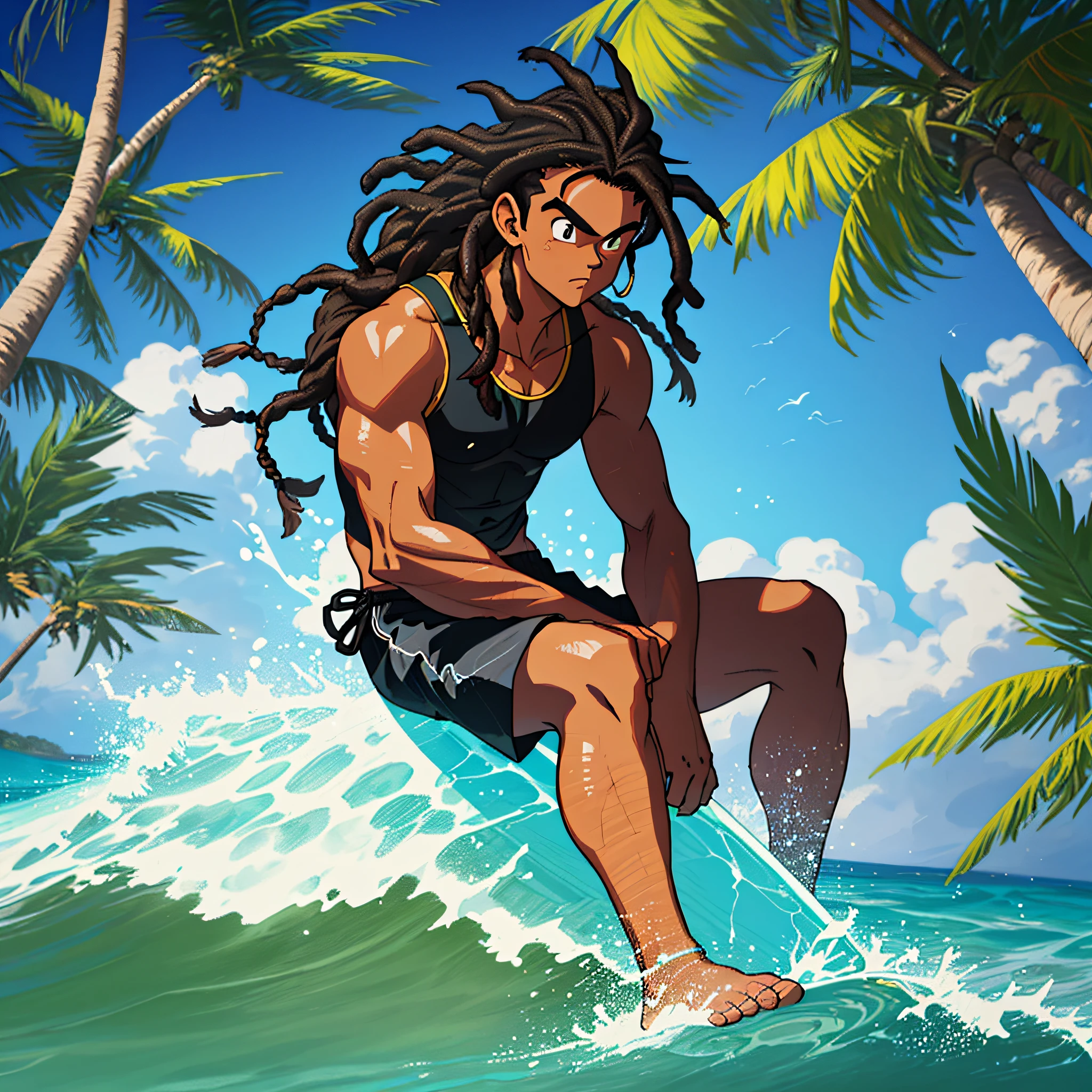 best quality, serious,Summer, sun, beach, coconut palms, swell sea, nature, light blue sky, morro de são paulo, bahia, brazil, second beach, anime style, 2d, surfer catching giant wave in the background, young man sitting in the shade of the coconut tree next to beautiful girl in bikini, girl of black power and black skin, particles of sand and sea air, with his hand on his knee, holding a marijuana joint in the other hand, with braza and smoke rising, looking down, luminous, dark skin, long hair of dreads, long wavy hair, tan, surfboard, High waves, shirtless, black tank top, black surf shorts with flame design, wearing coconut print shorts, Hangdown, thoughtful, sunlight, sparkle on the face, light illuminating the faicha two eyes, shadow on the face, sitting on the sand, vegetation around, stone with moss, paradise, Lost Paradise, Mystic, Magic, Misterious Atmosfere, Manga Style, Dragon Ball Z, close-up on the face, beam of light on the face with particles, surfer catching wave on the giant in the sea giving a rip, boards buried in the sand of the beach