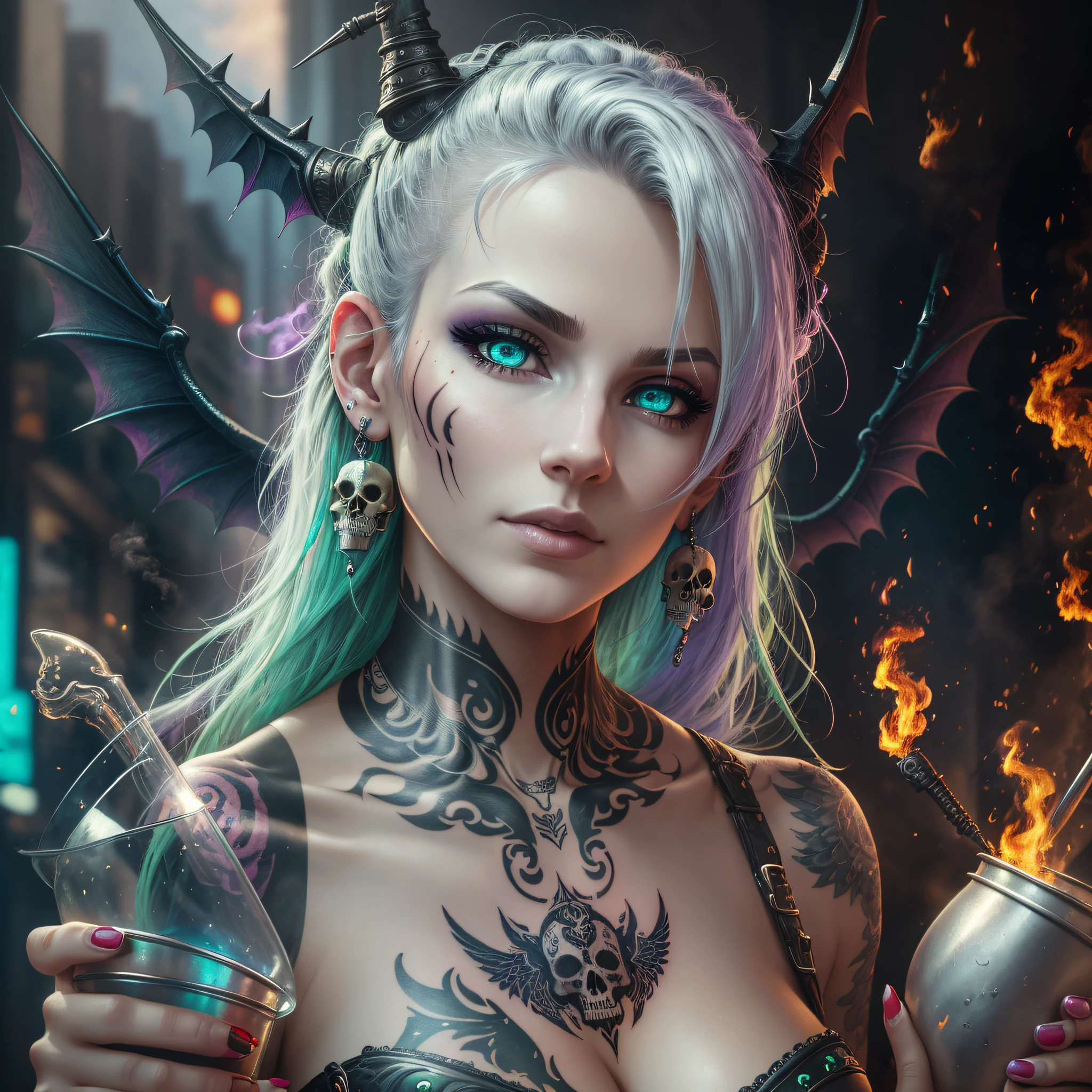 high quality, masterpiece, portrait, bust, 1 woman, middle aged, white, fleshy lips, details, nose piercing, punk style green hair, cyberpunk corset, collar with thorns, big and bright blue eyes, sensual face, stuffy nose, details on face, well detailed, blurred scenery, flame shaped earrings, bright silver earrings, tattoo on bust, skull tattoo with wings,  Focus on the woman, fire and smoke in the background, scenery half light, cup in the shape of horn, woman holding the cup, detail in the cup, bat wing in the cup, purple steam coming out of the cup, fillet of blood running down the woman's mouth, realism, ultra realism, higher definition, top, well rendered --auto --s2