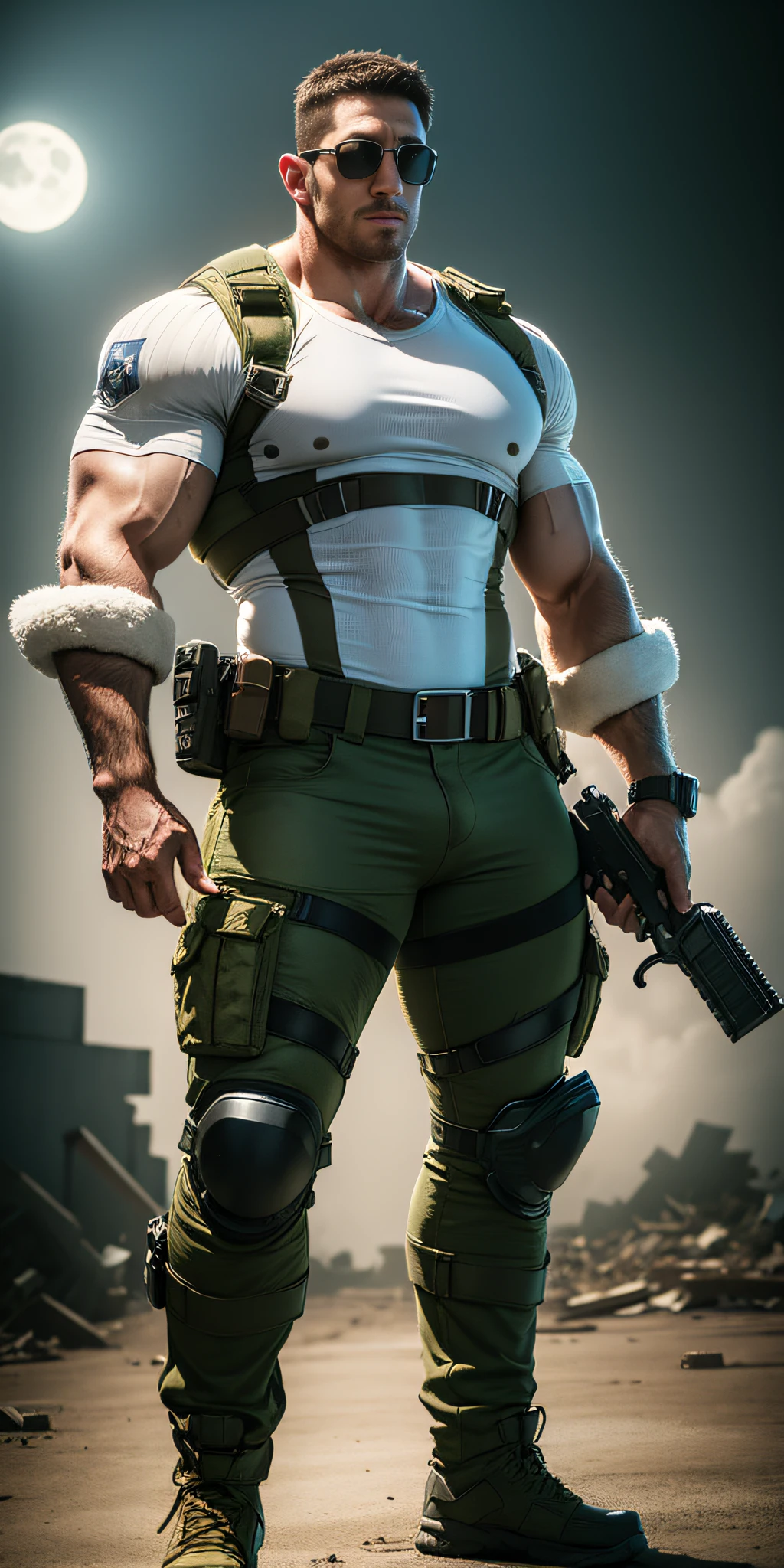 Movie poster, character design (Resident Evil - Chris Redfield, Chris Redfield) wearing a milky white combat uniform, standing alone in the ruins of the apocalypse, with a sad expression, muscular male hero, heroic male pose, tall and burly, muscular! Wearing sunglasses, sexy charming muscular leg muscles, tall burly, creamy white combat suit, super gain and cool, high resolution committee, cream white combat boots, attractive strong male, bright moonlight on the body, lonely
