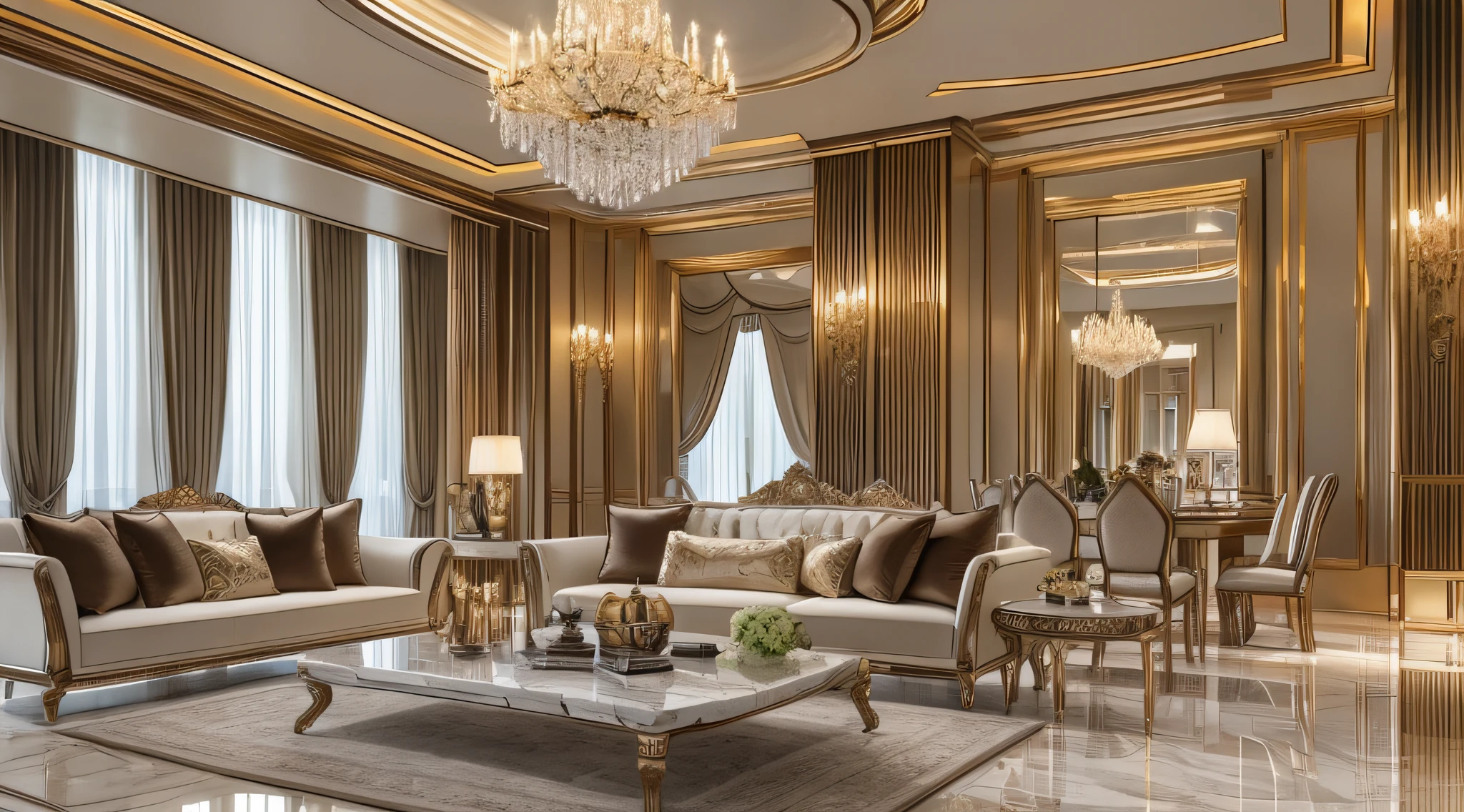 Stunning luxury apartment interior design, marble floors, high ceilings, high glass windows, Art Deco, realistic, cinematic lighting, --auto --s2