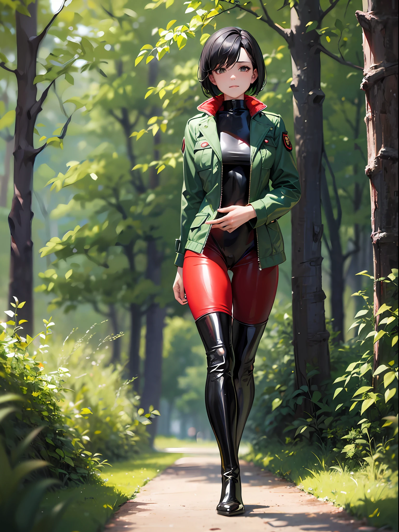 Short black hair, red bodysuit, green jacket, black cuffs, black boots, girl, outdoors