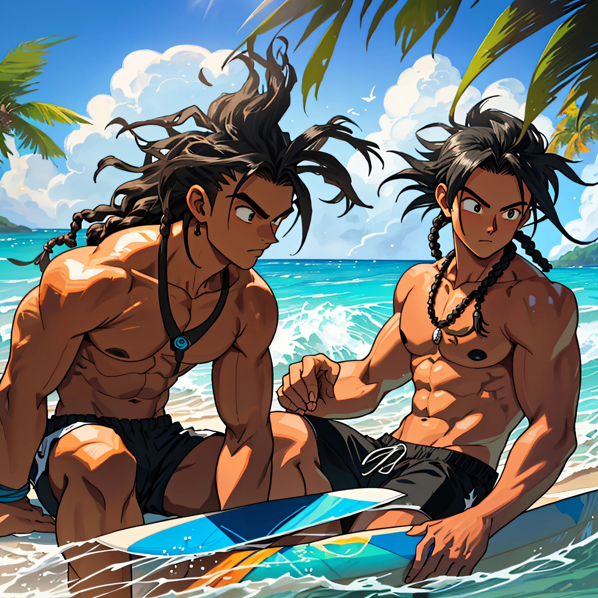 best quality, serious,Summer, sun, beach, coconut palms, swell sea, nature, light blue sky, morro de são paulo, bahia, brazil, second beach, anime style, 2d, surfer catching giant wave in the background, young man sitting in the shade of the coconut tree next to beautiful girl in bikini, girl of black power and black skin, particles of sand and sea air, with his hand on his knee, holding a marijuana joint in the other hand, with braza and smoke rising, looking down, luminous, dark skin, long hair of dreads, long wavy hair, tan, surfboard, High waves, shirtless, black tank top, black surf shorts with flame design, wearing coconut print shorts, Hangdown, thoughtful, sunlight, sparkle on the face, light illuminating the faicha two eyes, shadow on the face, sitting on the sand, vegetation around, stone with moss, paradise, Lost Paradise, Mystic, Magic, Misterious Atmosfere, Manga Style, Dragon Ball Z, close-up on the face, beam of light on the face with particles, surfer catching wave on the giant in the sea giving a rip, boards buried in the sand of the beach
