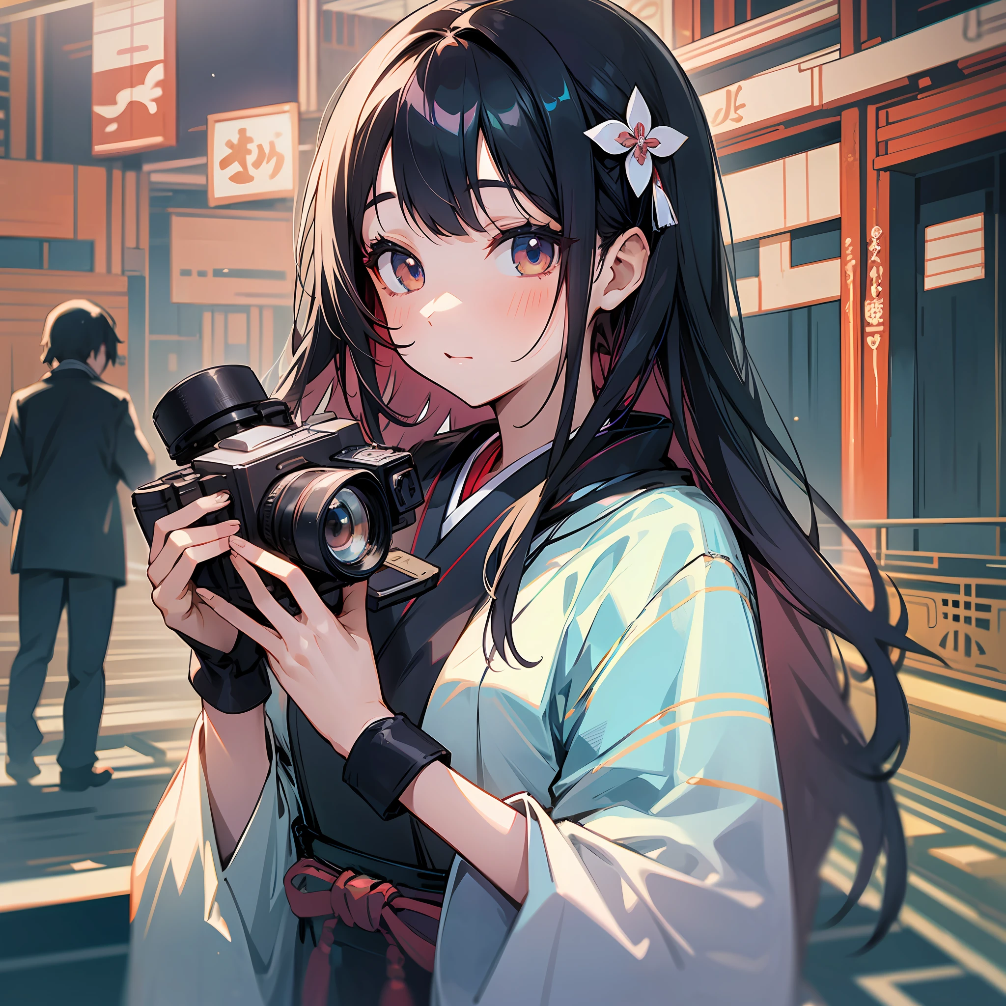 Beautiful girl looking into video camera, long black hair, Japan person, --auto --s2