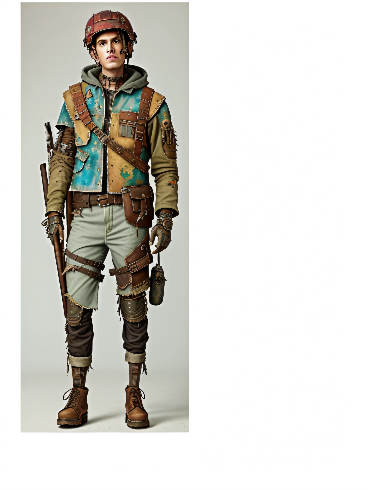 HD watercolor hand-painted style, wasteland punk costume, wearing stitched fashion shabby outfits, holding wooden sticks, and matte brown clothes that expose mechanical and wiring details, carrying a school bag, wearing a helmet, close-up helmet for the shot.