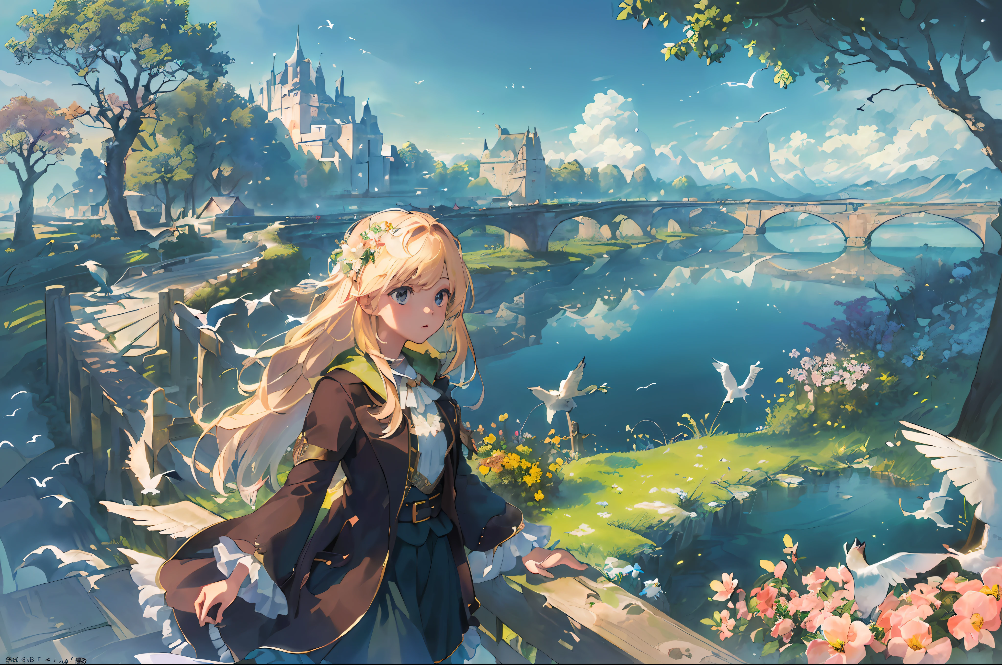 ((masterpiece,best quality,official art,unity 8k wallpaper, highres, (1girl:1.4),looking away,(breathtaking landscapes:1.2), natural wonders, serene vistas, outdoor exploration, (diverse ecosystems:1.2), scenic beauty, tree,castle,village,flowers,bridge,fence, (birds:1.2)