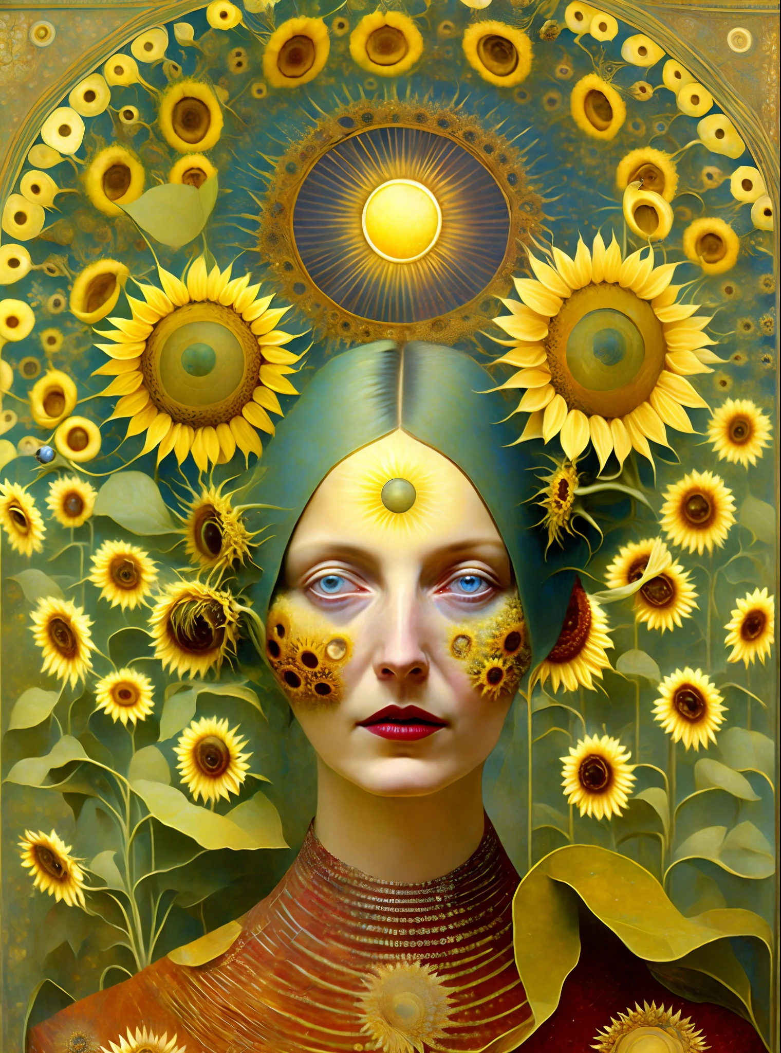 She blazes A thousand sunflowers Streaming visions From the interior To the cosmos And from the cosmos To the interior She sees With Kaleidoscopic wisdom The whole universe And knows that she is one sun Within the parts Glittering in ecstatic devotion, in the Style of Andrea Kowch and Daria Petrilli