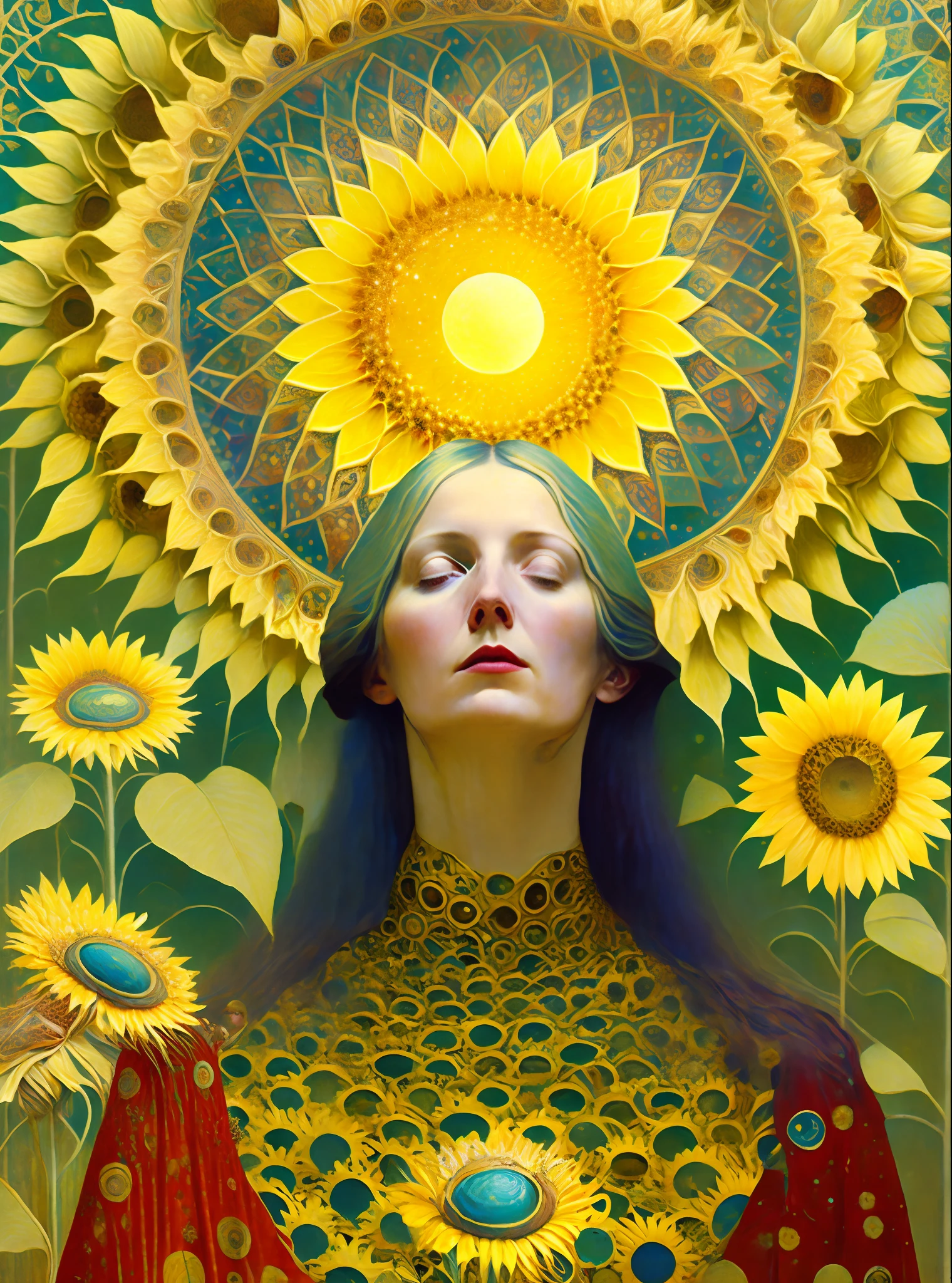 She blazes A thousand sunflowers Streaming visions From the interior To the cosmos And from the cosmos To the interior She sees With Kaleidoscopic wisdom The whole universe And knows that she is one sun Within the parts Glittering in ecstatic devotion, in the Style of Andrea Kowch and Daria Petrilli