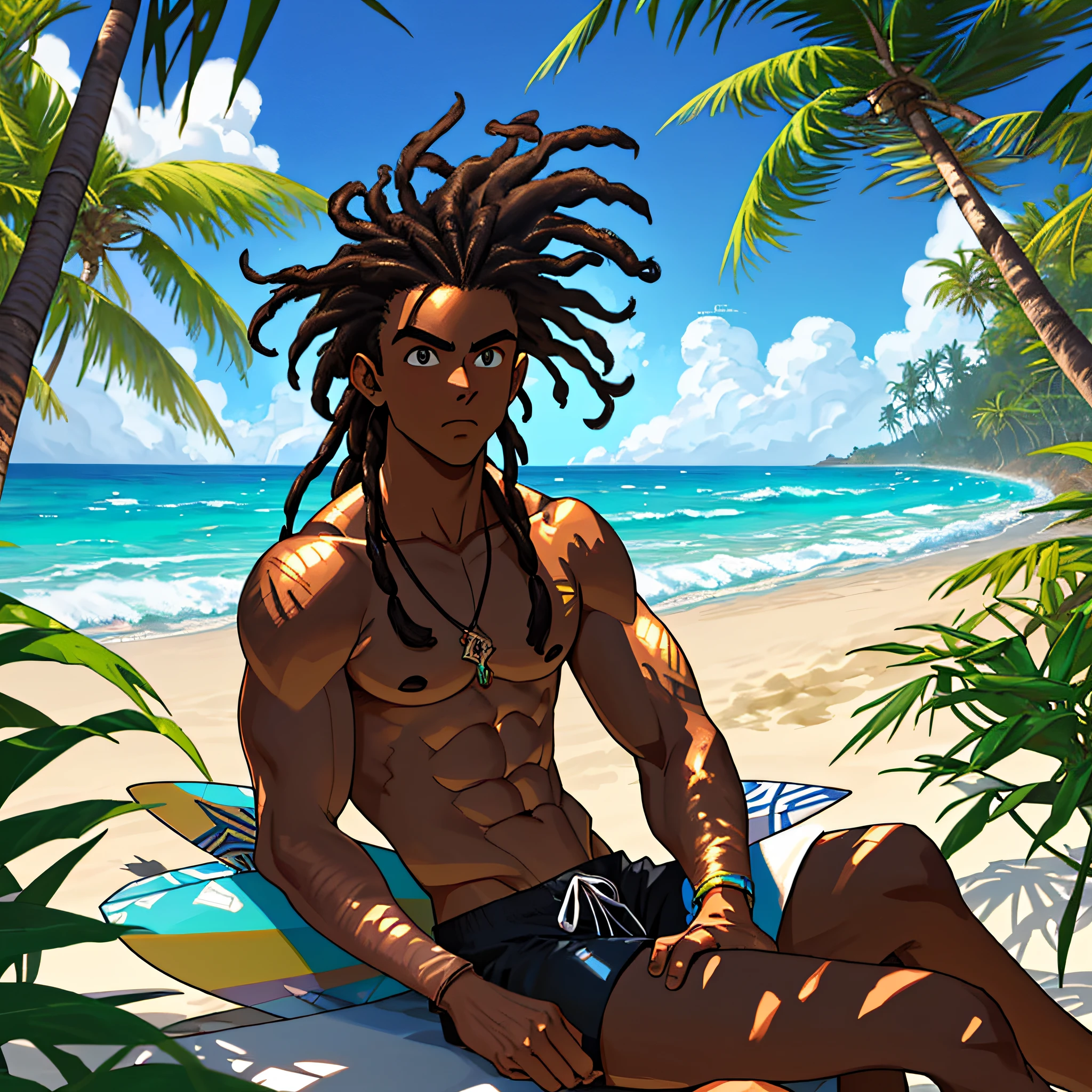 best quality, serious,Summer, sun, beach, coconut palms, swell sea, nature, light blue sky, morro de são paulo, bahia, brasil, segunda praia, anime style, 2d, young man sitting in the shade of the coconut tree ao lado de garota linda de bikini ao seu lado ,garota de black power e pele negra, particulas de areia e maresia do mar, with his hand on his knee, holding a joint with smoke and fire and smoke, with marijuana based in hand, smoke coming out of the cigarette, burning ember, looking down, luminous, dark skin, long hair of dreads, long wavy hair, tan, surfboard, High waves, shirtless, regata preta, bermuda de surf preta com desenho de chamas, with coconut drawing, bermuda do surf até os joelhos com estampa de coqueiros num degradê ao preto Hangdown, thoughtful, sunlight, sparkle on the face, shadow on the face, sitting on the sand, vegetation around, stone with moss, paradise, Lost Paradise, Mystic, Magic, Misterious Atmosfere, Manga Style, Dragon Ball Z, close no rosto, feiche de luz no rosto com particulas, surfista pegando onda no gigante no mar dando uma rasgada