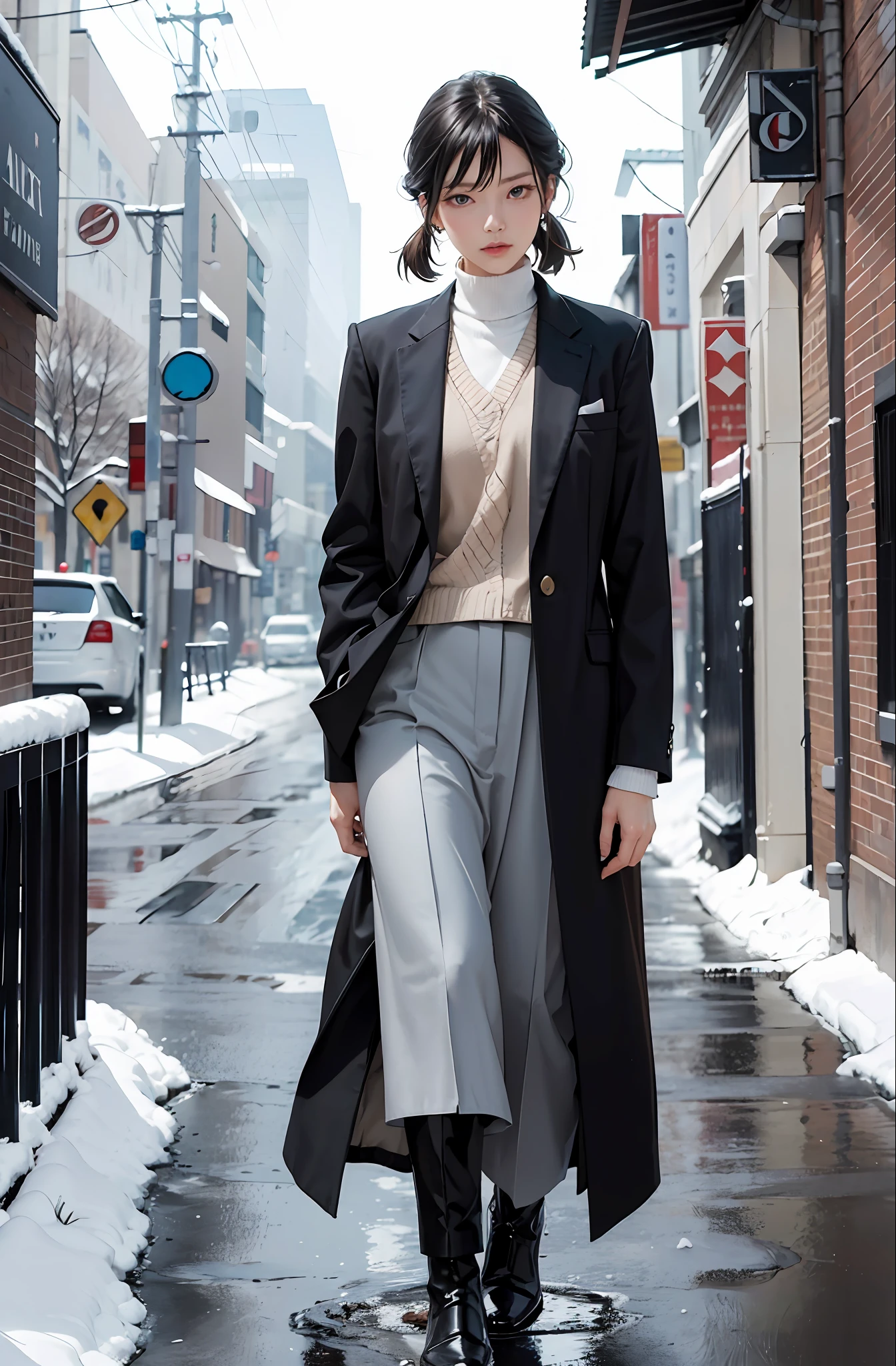 ((Master piece, best quality, raw photo))Yui Arakaki, Mode fashion, Black, Inner is a shirt, Outer is a tailored jacket, Mode skirt, Highly designed clothes, Stylish, Yohji Yamamoto, Only one model, Model is a transcendently beautiful Caucasian woman, Model has blue eyes, Hairstyle is black hair, Model is a live-action picture, Model reflects the whole body up to the feet, Snowy landscape, Winter clothes