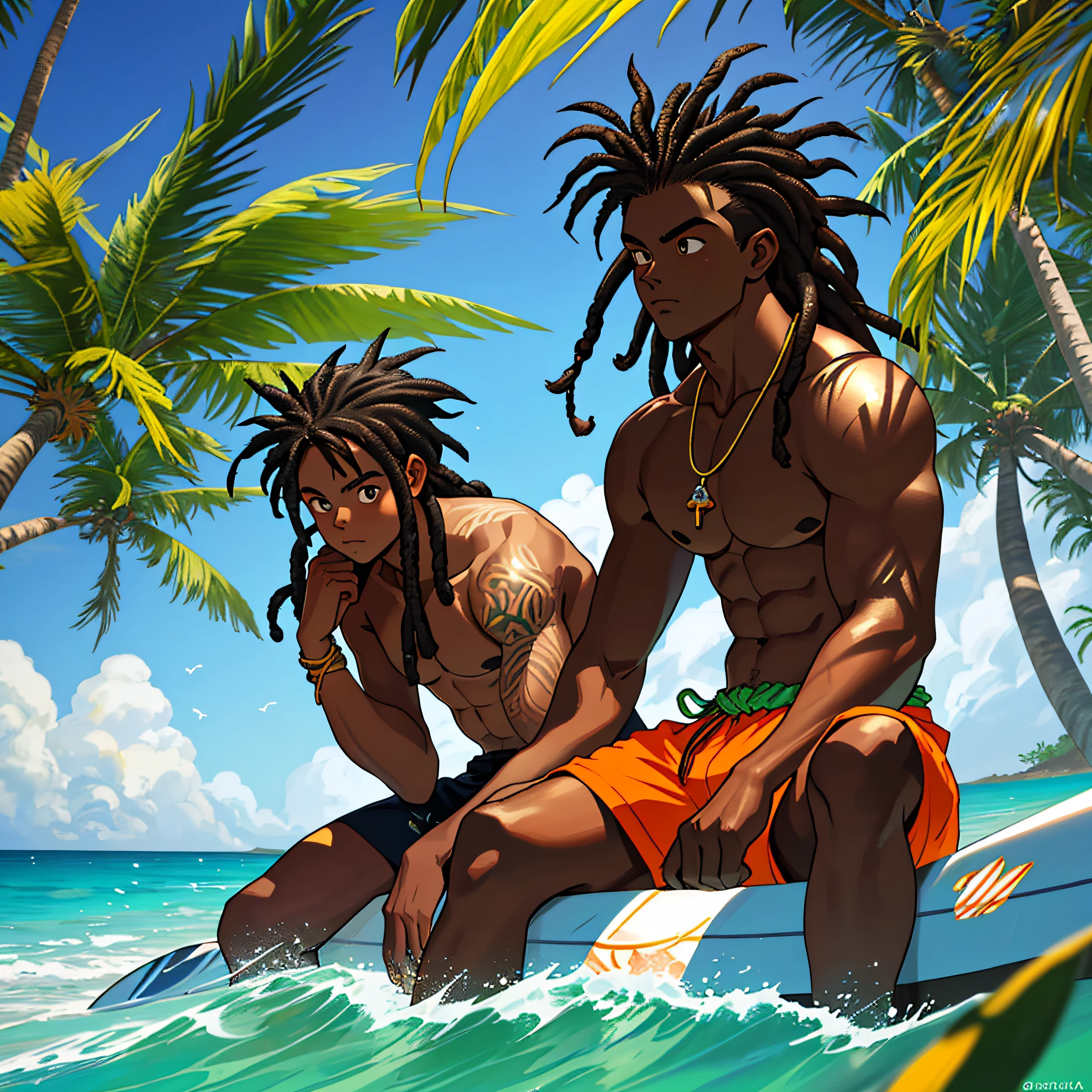 best quality, serious,Summer, sun, beach, coconut palms, swell sea, nature, light blue sky, morro de são paulo, bahia, brasil, segunda praia, anime style, 2d, young man sitting in the shade of the coconut tree ao lado de garota linda de bikini ao seu lado ,garota de black power e pele negra, particulas de areia e maresia do mar,  with his hand on his knee, holding a joint with smoke and fire and smoke, with ????????? based in hand, smoke coming out of the cigarette, burning ember, looking down, luminous, dark skin, long hair of dreads, long wavy hair, tan, surfboard, High waves, shirtless, regata preta, bermuda de surf preta com desenho de chamas, with coconut drawing, bermuda do surf até os joelhos com estampa de coqueiros num degradê ao preto Hangdown, thoughtful, sunlight, sparkle on the face, shadow on the face, sitting on the sand, vegetation around, stone with moss, paradise, Lost Paradise, Mystic, Magic, Misterious Atmosfere, Manga Style, Dragon Ball Z, close no rosto, feiche de luz no rosto com particulas,  surfista pegando onda no gigante no mar dando uma rasgada