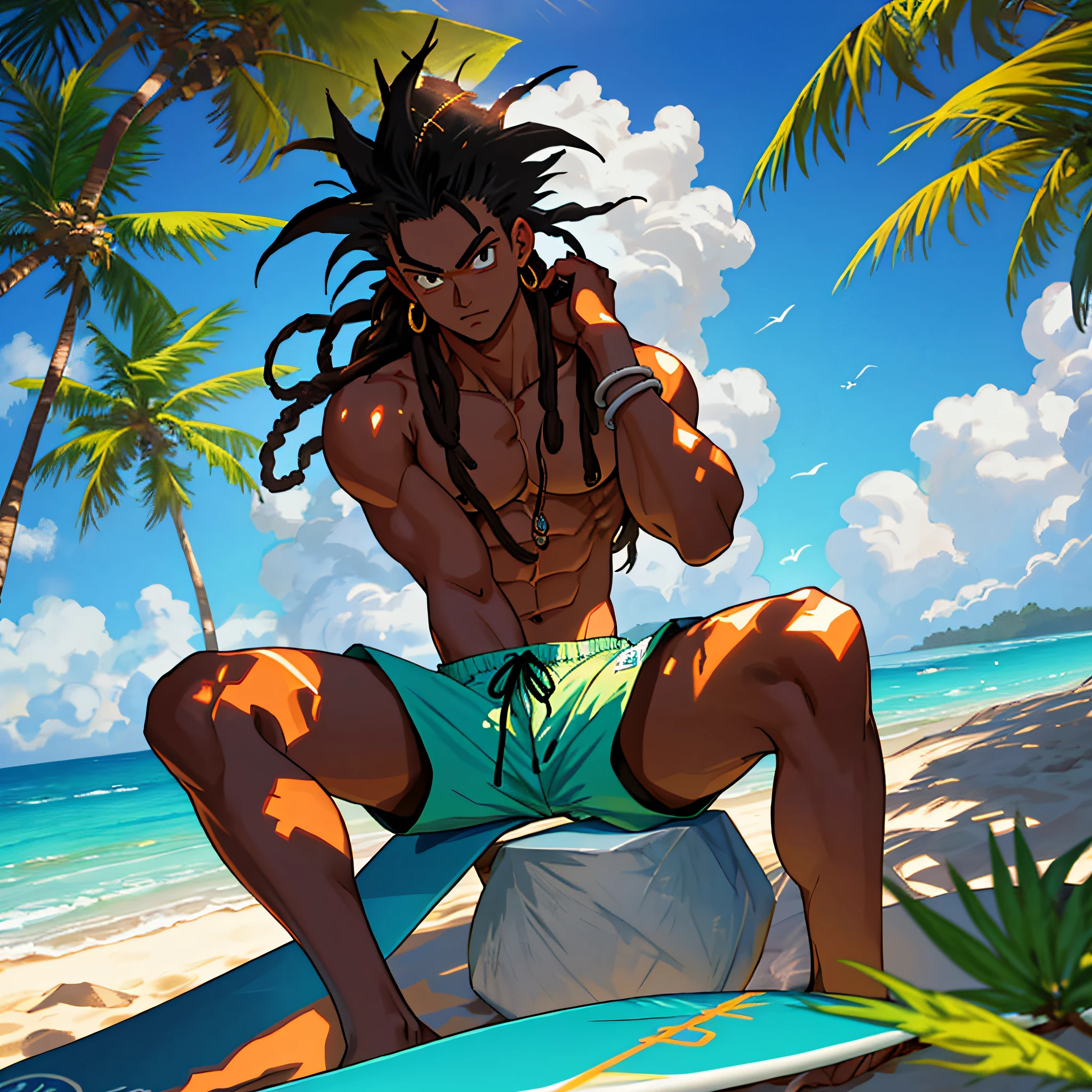 best quality, serious,Summer, sun, beach, coconut palms, swell sea, nature, light blue sky, morro de são paulo, bahia, brasil, segunda praia, anime style, 2d, young man sitting in the shade of the coconut tree, garota linda de bikini ao seu lado ,garota de black power e pele negra, particulas de areia e maresia do mar, with his hand on his knee, holding a joint with smoke and fire and smoke, with marijuana based in hand, smoke coming out of the cigarette, burning ember,  looking down, luminous, dark skin, long hair of dreads, long wavy hair, tan, surfboard, High waves, shirtless, surf shorts with coconut drawing,bermuda do surf até os joelhos com estampa de coqueiros num degradê ao preto Hangdown, thoughtful, sunlight, sparkle on the face, shadow on the face, sitting on the sand, vegetation around, stone with moss, paradise, Lost Paradise, Mystic, Magic, Misterious Atmosfere, Manga Style, Dragon Ball Z,  close no rosto, feiche de luz no rosto com particulas