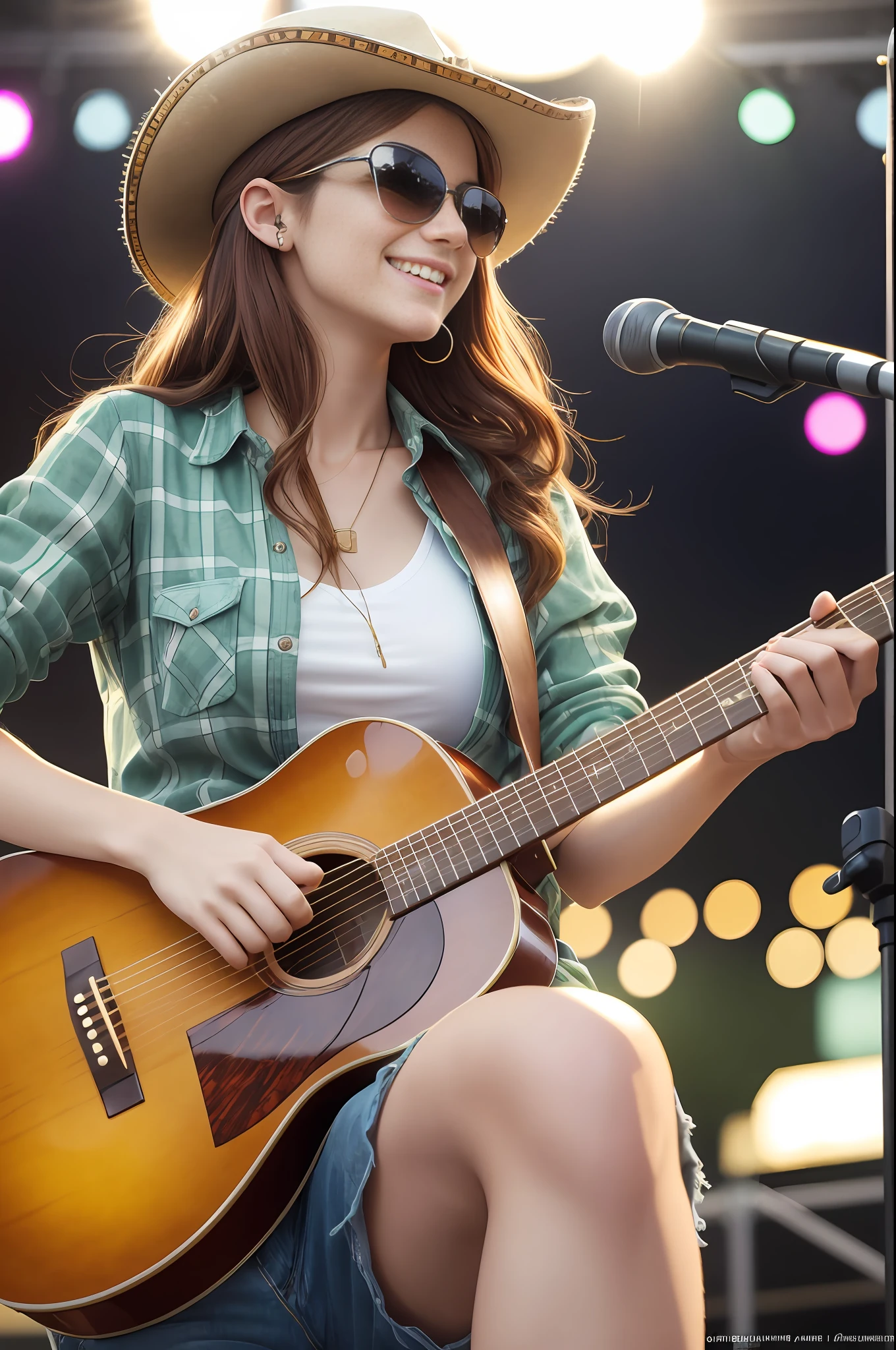 absurdres, RAW photo, highest quality, (masterpiece: 1.3), high detail RAW color photo, professional photo, extremely detailed CG 8k wallpaper unit, photo-realistic, realistic, RAW photo, masterpiece, best quality, highres,
1girl, 19 YEARS OLD, white, reddish brown hair, wavy, Average length, random hairstyle, beautiful body, thin legs, perfect beautiful face, beautiful light green realistic eyes, fair skin, detailed skin texture, very small natural breasts. Smiling. She looks amazing. Playing guitar in a country band. (Leather hat, plaid shirt with neckline, Ray Ban sunglasses, simple design). Evening concert hall.