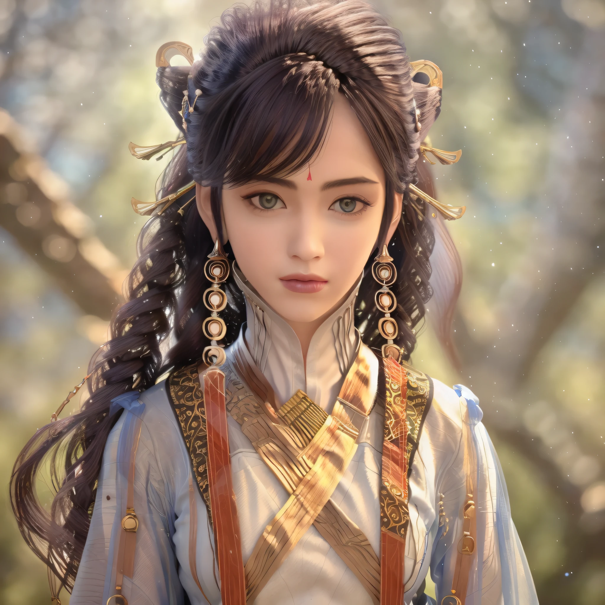 Indifferent eyes, sweet lips, different pupils, scattered long white hair, slightly curly, antique clothes, necklaces, earrings, glowing headdresses, long vows, wings, biphasic, dark, clouds of white light in the middle, 4K, real person --auto --s2