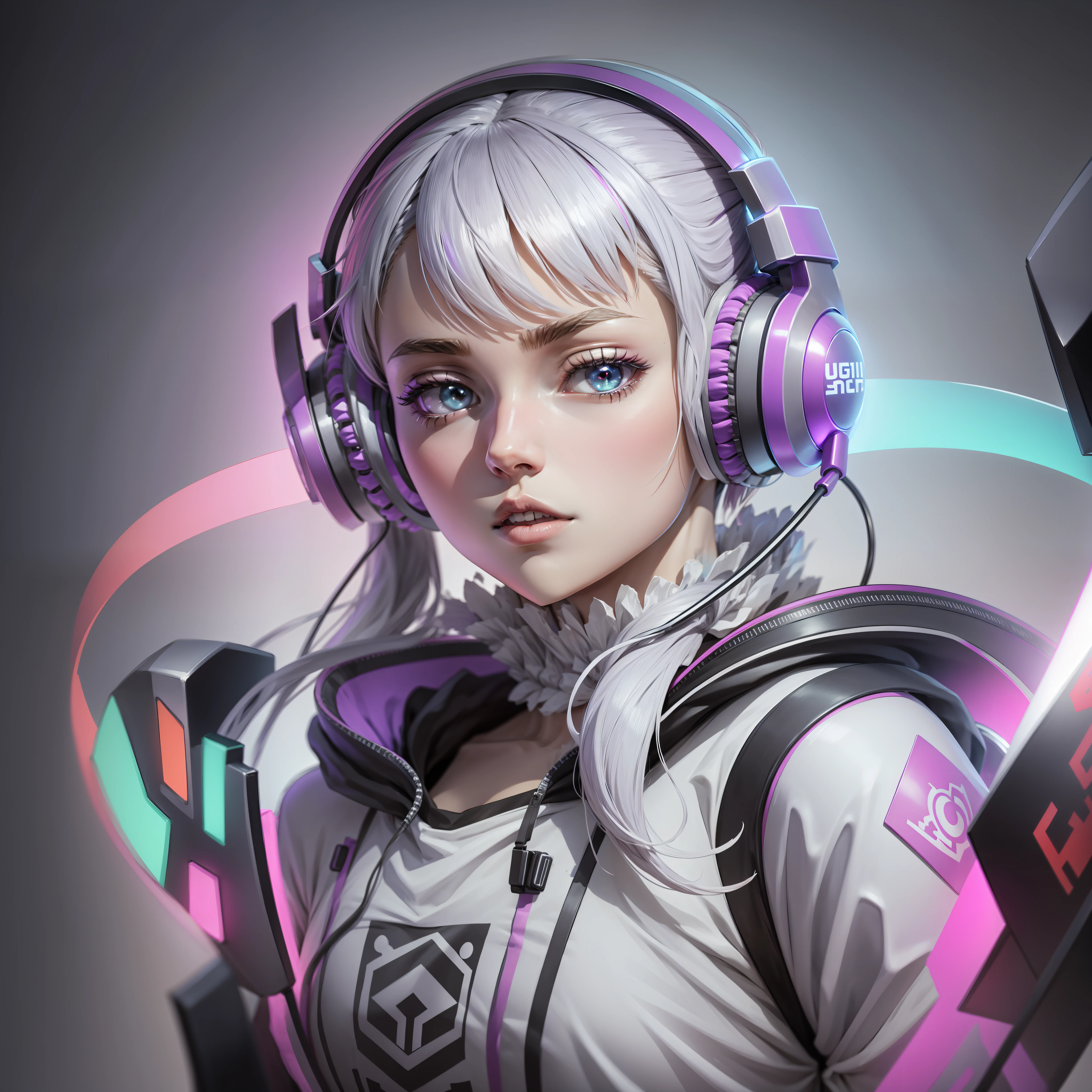 Anime RGB for background on YouTube very beautiful, ultra modern rendering, full RGB, silver hair, gamer headset.