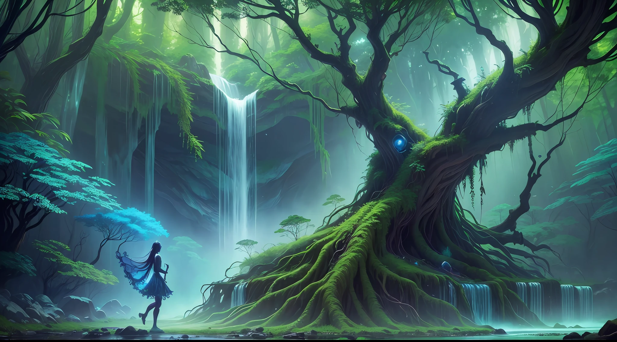 forest spirit inhabits, WATERFALL, with a black background, psytrance art, ayahuasca, the oracle of trees, green aura, forest soul, , ayahuasca spirit, visual dmt, fractal forest, dmt space behind, alien trees, biomechanical gaia, psytrance, psychedelic visuals, fractal entity, rave, dancing --auto --s2