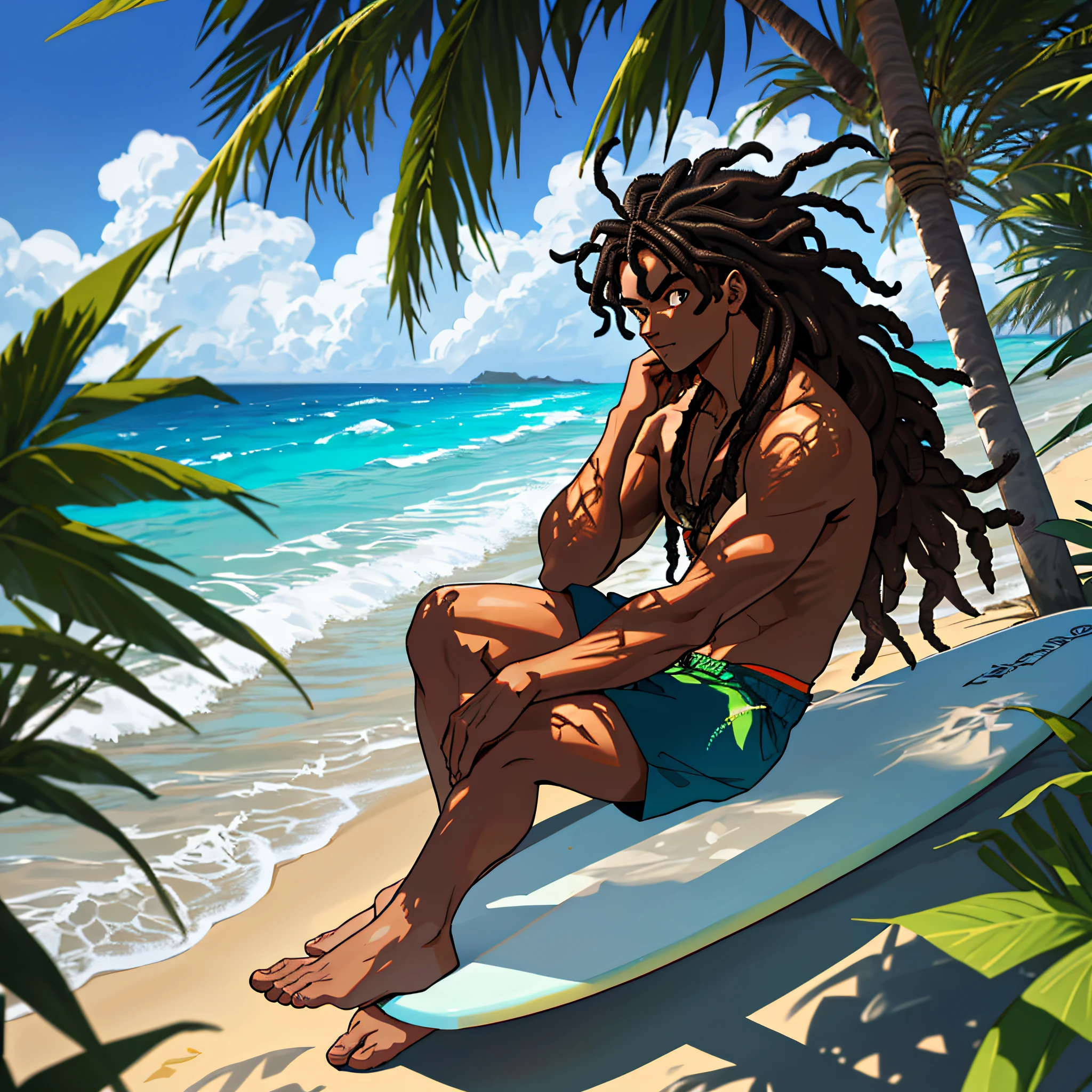 best quality, serious,Summer, sun, beach, coconut palms, swell sea, nature, light blue sky, morro de são paulo, bahia, brasil, segunda praia, anime style, 2d, young man sitting in the shade of the coconut tree, garota linda de bikini ao seu lado ,garota de black power e pele negra, particulas de areia e maresia do mar, with his hand on his knee, holding a joint with smoke and fire and smoke, with marijuana based in hand, smoke coming out of the cigarette, burning ember,  looking down, luminous, dark skin, long hair of dreads, long wavy hair, tan, surfboard, High waves, shirtless, surf shorts with coconut drawing,bermuda do surf até os joelhos com estampa de coqueiros num degradê ao preto Hangdown, thoughtful, sunlight, sparkle on the face, shadow on the face, sitting on the sand, vegetation around, stone with moss, paradise, Lost Paradise, Mystic, Magic, Misterious Atmosfere, Manga Style, Dragon Ball Z,  close no rosto, feiche de luz no rosto com particulas