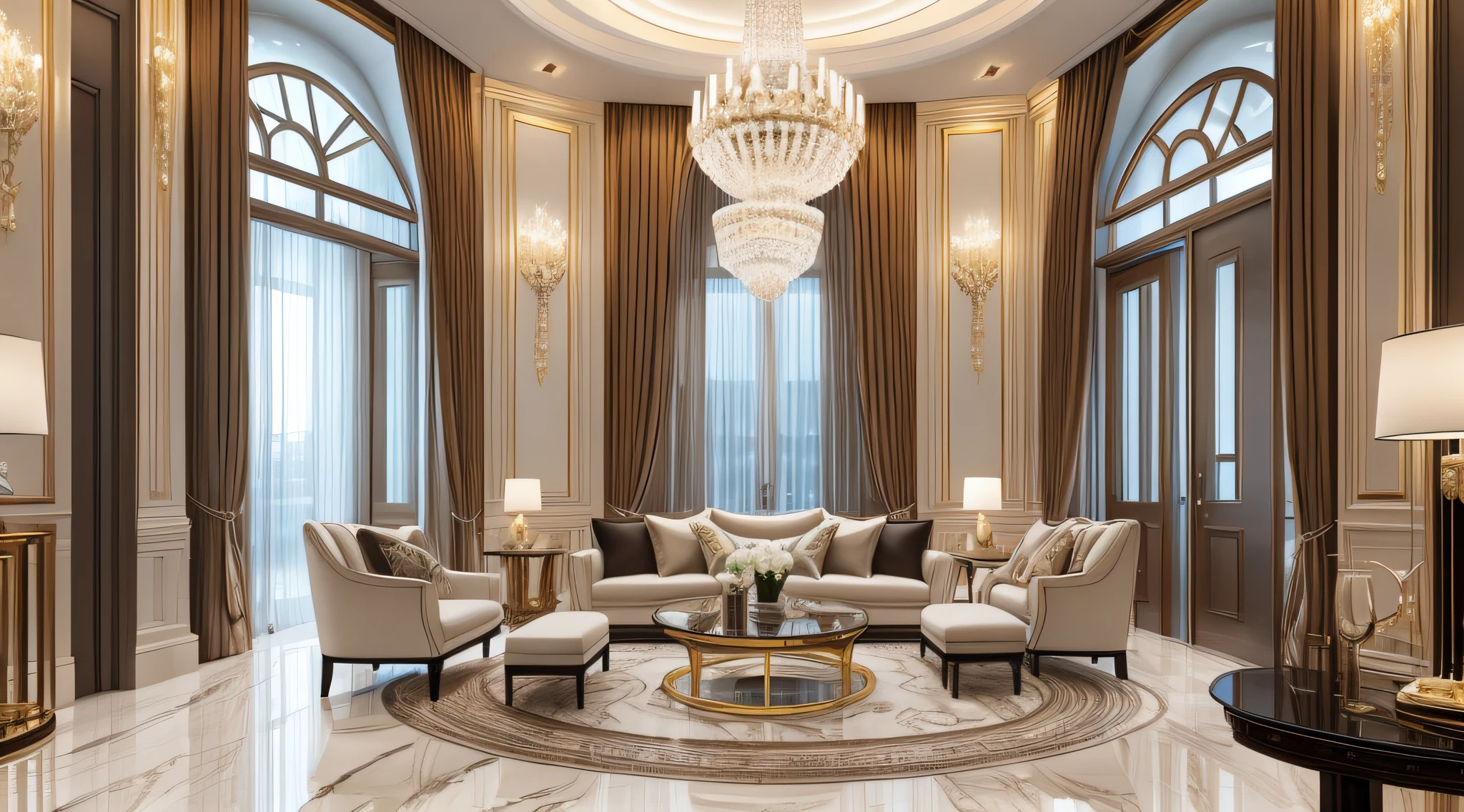 Stunning luxury apartment interior design, marble floors, high ceilings, high glass windows, Art Deco, realistic, cinematic lighting, --auto --s2