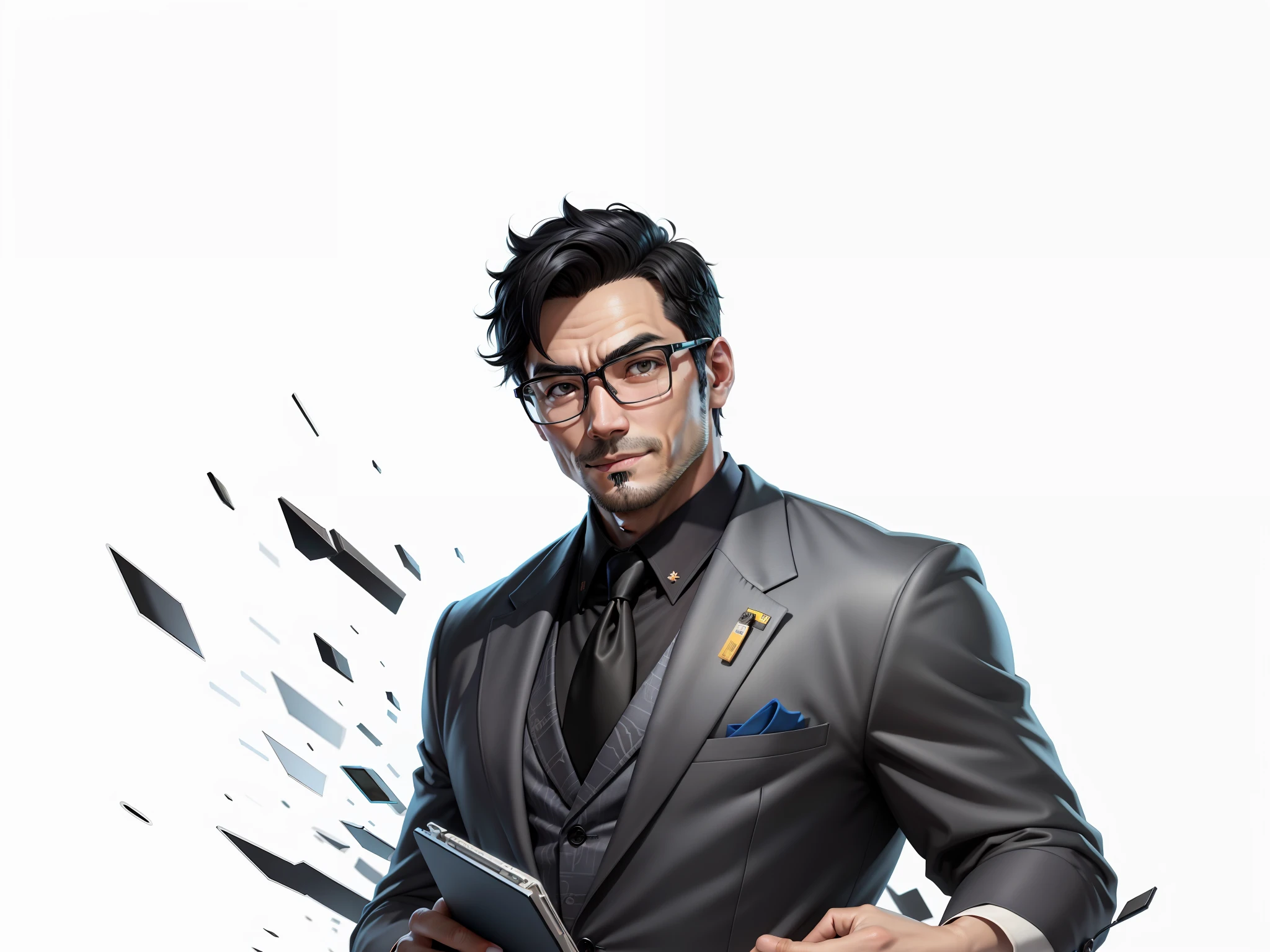 Super young, Japanese suit man, 35 years old, silver glasses, slightly chubby face, clean face, no beard on chin, black super short hair, black eyes, black suit, blue tie, confident smile, digital painting, film, 3D character design by Mark Claireden and Pixar and Hayao Miyazaki, the illustration is a high-definition illustration in 4K resolution with very detailed facial features and cartoon-style visuals.