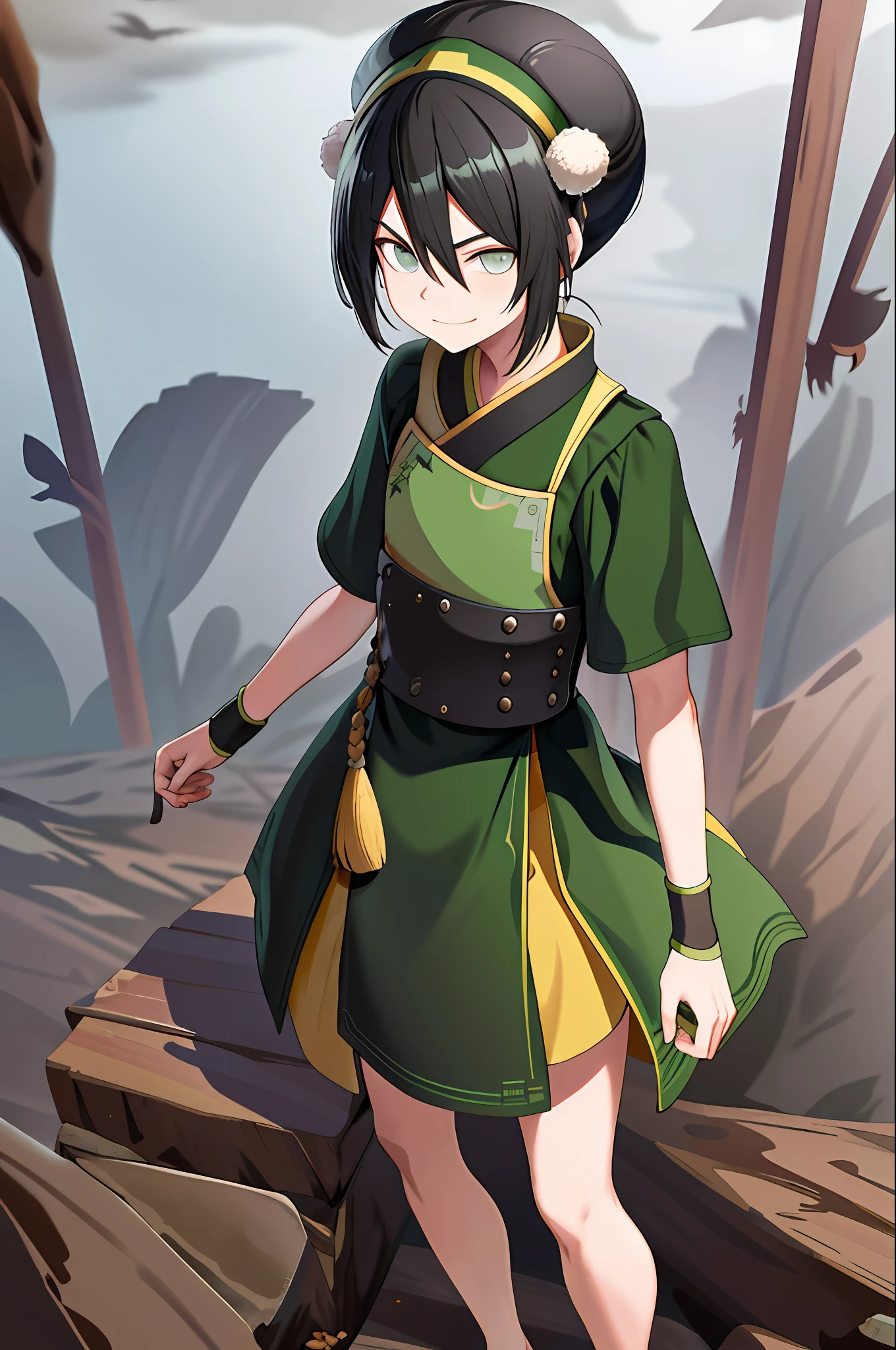 Roupa de ninja com capuz olhando pra frente,close up face,badass smile,bright eyes,masterpiece, best quality, highres, 1girl, solo, black hair, hair band, belt, short hair, dress, green eyes, hair bun, green hair band, blind, empress clothes, hair bun, green dress, short sleeves, pelvic curtain, bare feet, badass posture, rock, outdoor,