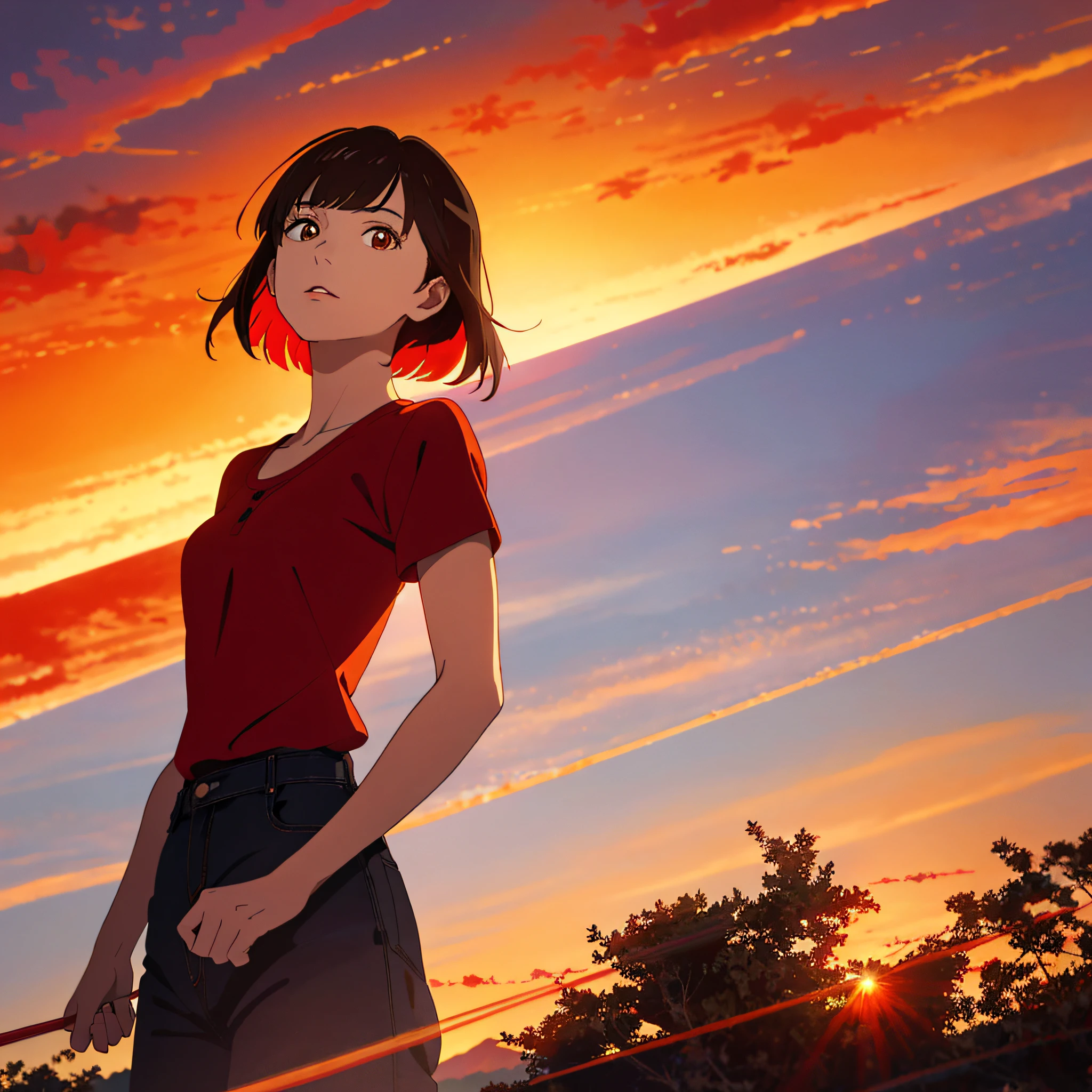 (Masterpiece: 1.2, highest quality), (Lighting) 3, detailed anime style illustration, young and very pretty woman looking up at the sunset, (glossy skin: 1.2), standing, brown short hair, bangs, low angle, face up, solo, red shirt, Makoto Shinkai, anime style, dyed red by the setting sun, the background is only red sky