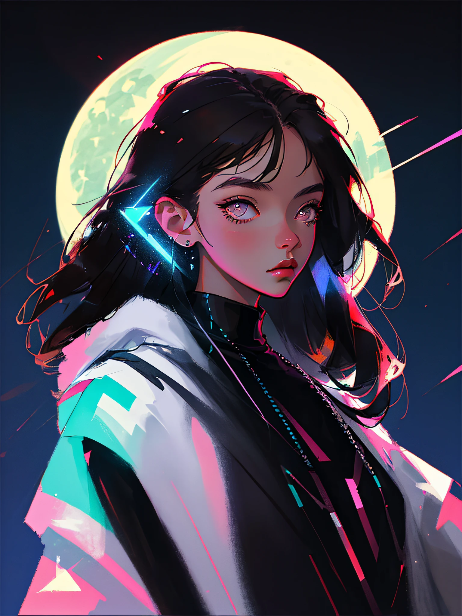 Masterpiece, illustration, a girl holding a white cat in front of moonlight, black hair, feminine eyes, cyberpunk tones, fashion, high quality, hyper detail, 8K