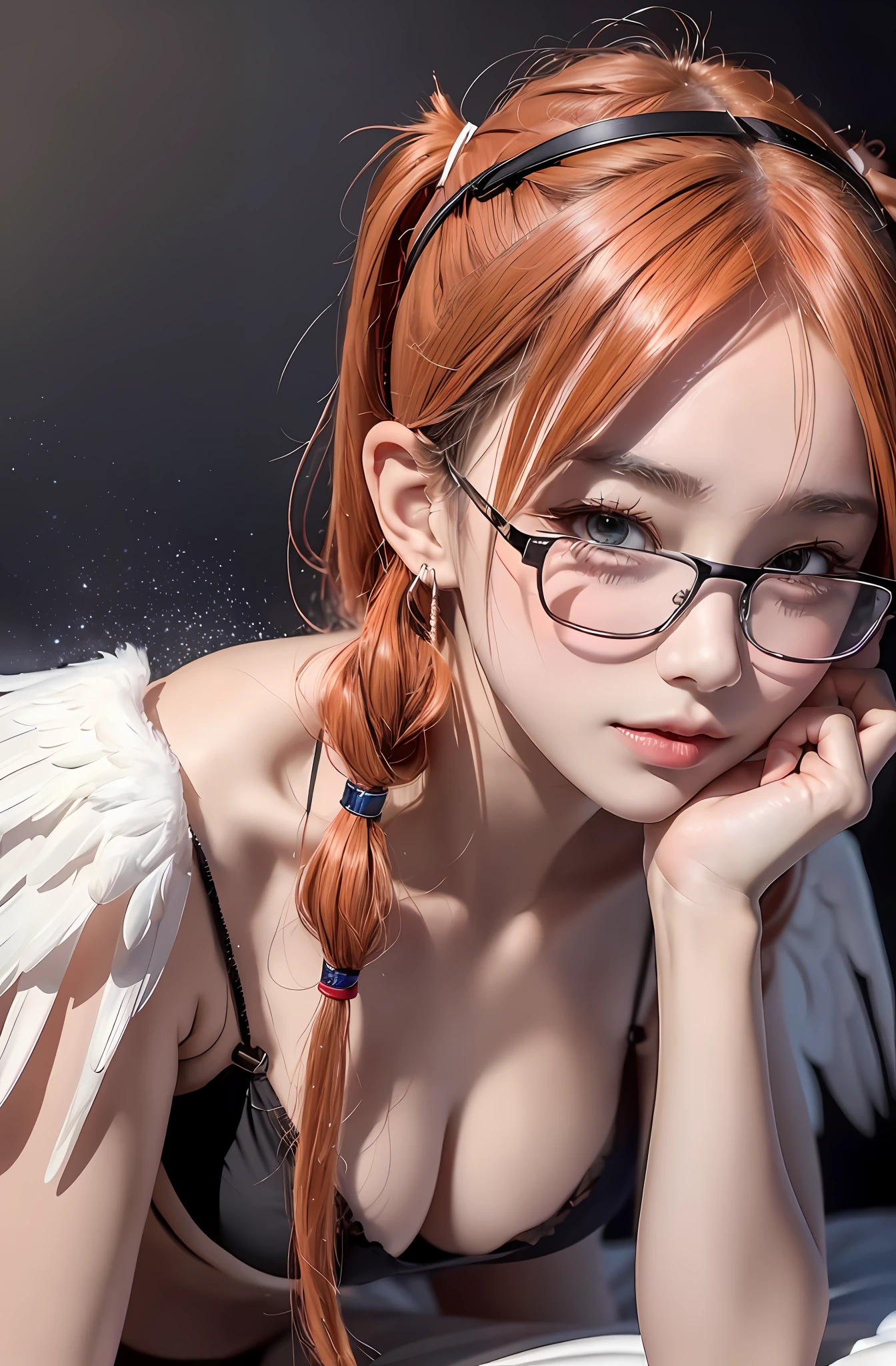 Top quality, ultra high resolution, (photorealistic: 1 beautiful girl 4), . Red wings. Charming face. Model face. Short hair. Pigtails. Glasses. Thin. Bikini, beautiful details, orange hair. Big tits. Hair tangerine-colored. Miniskirt. Earring. Rake your hair. Detail. Vivid? Realistic details. Real. On the back large wings. Clouds around. Cloud mass. Naked. Angel wings. Long wings. Wide wings. Lifting the chest. Lift your chest with both hands. Embarrassing face lifting chest with both hands. Embarrassing face. Shyness. Blushing. Kneeling. Kneel down. I closed my eyes. Kissing face. Close your eyes and kiss your face. Kiss. Look up. Pressing for a kiss. Ask for a kiss. Wing. Close your eyes. Sweat.