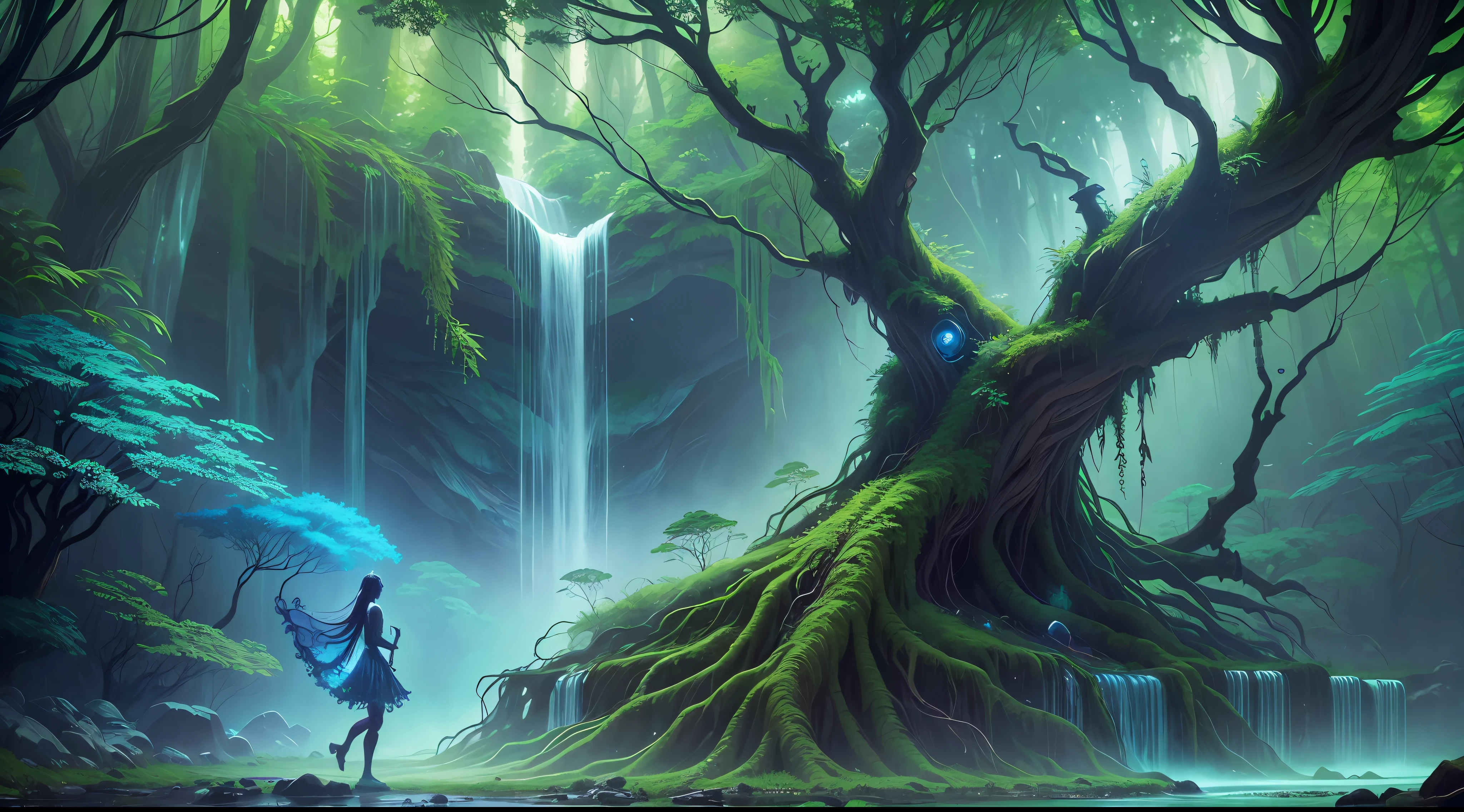 forest spirit inhabits, WATERFALL, with a black background, psytrance art, ayahuasca, the oracle of trees, green aura, forest soul, , ayahuasca spirit, visual dmt, fractal forest, dmt space behind, alien trees, biomechanical gaia, psytrance, psychedelic visuals, fractal entity, rave, dancing --auto --s2