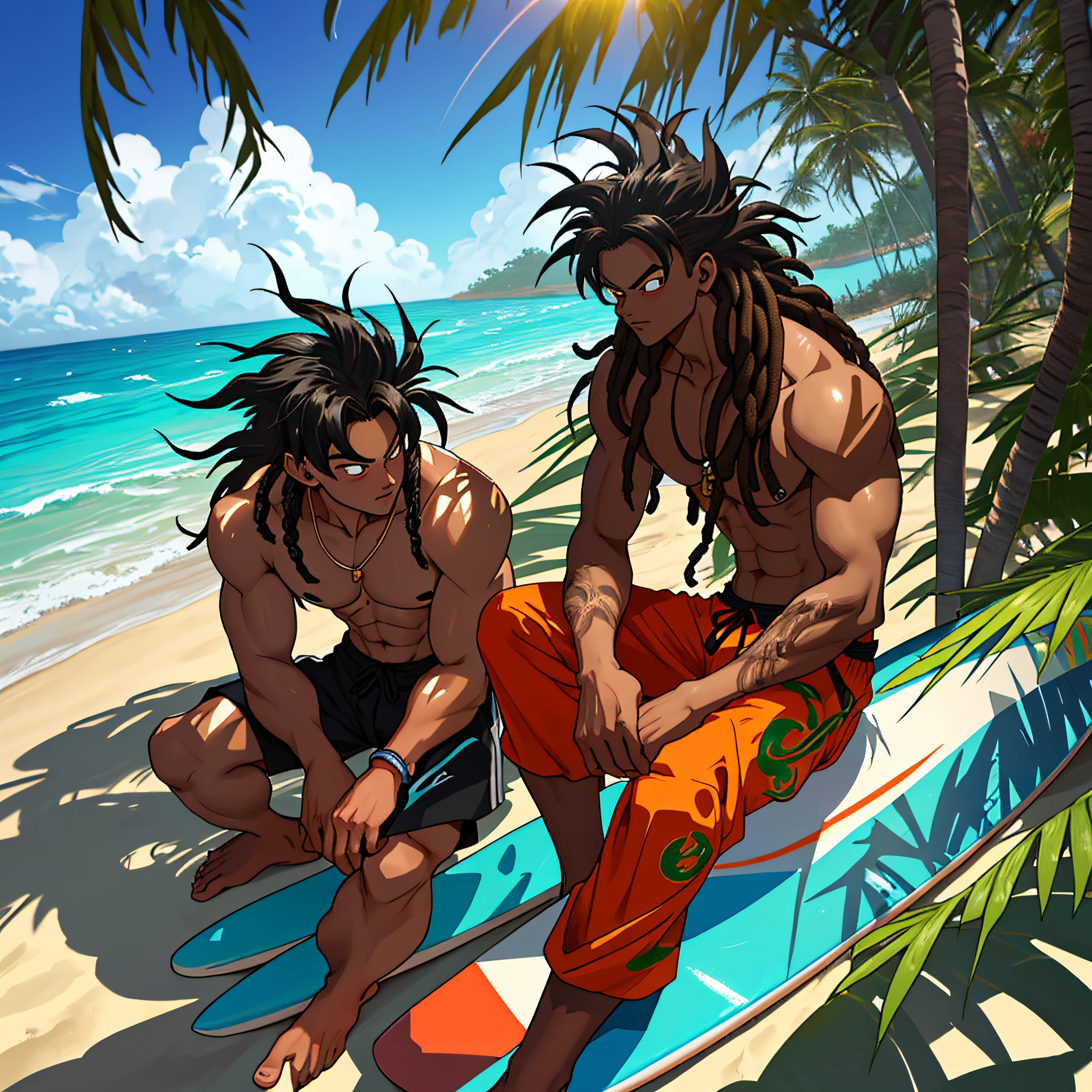 best quality, serious,Summer, sun, beach, coconut palms, swell sea, nature, light blue sky, morro de são paulo, bahia, brasil, anime style, 2d, young man sitting in the shade of the coconut tree, with his hand on his knee, holding a joint with smoke, looking down, luminous, dark skin, long hair of dreads, long wavy hair,, tan, surfboard, High waves, shirtless, surf shorts with coconut drawing, Hangdown, thoughtful, sunlight, sparkle on the face, shadow on the face, sitting on the sand, vegetation around, stone with moss, paradise, Lost Paradise, Mystic, Magic, Misterious Atmosfere, Manga Style, Dragon Ball Z, with marijuana based in hand, smoke coming out of the cigarette, burning ember, bermuda do surf até os joelhos com estampa de coqueiros num degradê ao preto, close no rosto, bermuda longa