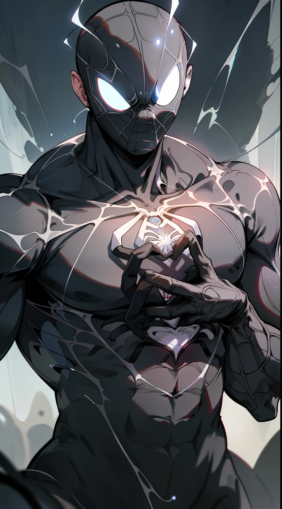 Spider Man in a black outfit with spider in the center of his chest in white, organic looking outfit, gooey testure, symbiote, cinematic scene, highly detailed, cinematic rendering, ultra photorealistic raytricing, with cinematic lighting