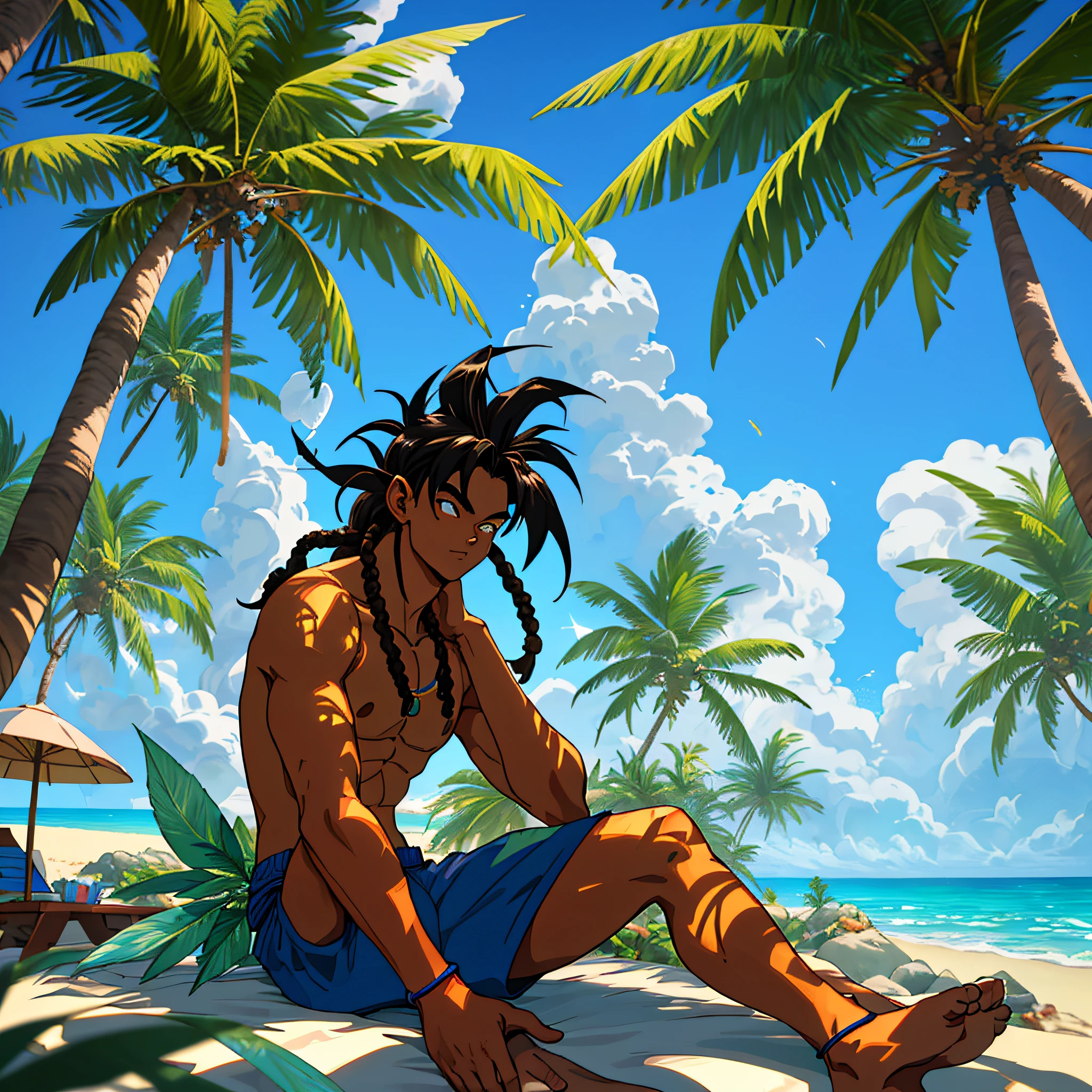 best quality, serious,Summer, sun, beach, coconut palms, swell sea, nature, light blue sky, morro de são paulo, bahia, brasil, anime style, 2d, young man sitting in the shade of the coconut tree, with his hand on his knee, holding a joint with smoke, looking down, luminous, dark skin, long hair of dreads, long wavy hair,, tan, surfboard, High waves, shirtless, surf shorts with coconut drawing, Hangdown, thoughtful, sunlight, sparkle on the face, shadow on the face, sitting on the sand, vegetation around, stone with moss, paradise, Lost Paradise, Mystic, Magic, Misterious Atmosfere, Manga Style, Dragon Ball Z, with marijuana based in hand, smoke coming out of the cigarette, burning ember, bermuda do surf até os joelhos com estampa de coqueiros num degradê ao preto, close no rosto, bermuda longa