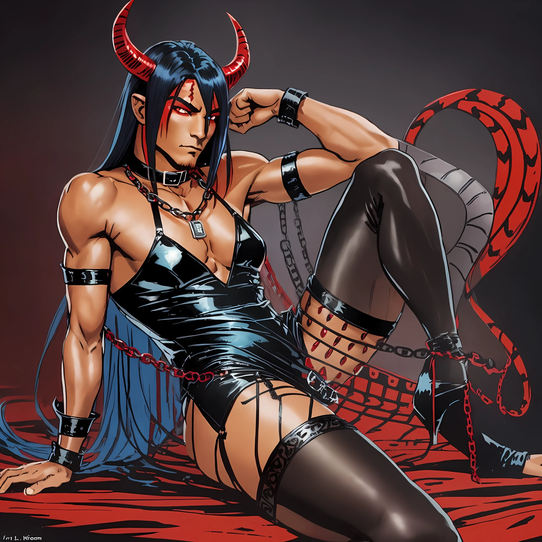 comic style, 1 man, red skin, demon, 2 horns, (long tail 1.5), blue thick long bob hair, {muscular male body}, sweet gaze, (short slip dress 1.5), sexy pose, black leather collar, chain belt , (black nylon translucent stockings 1.5), night club