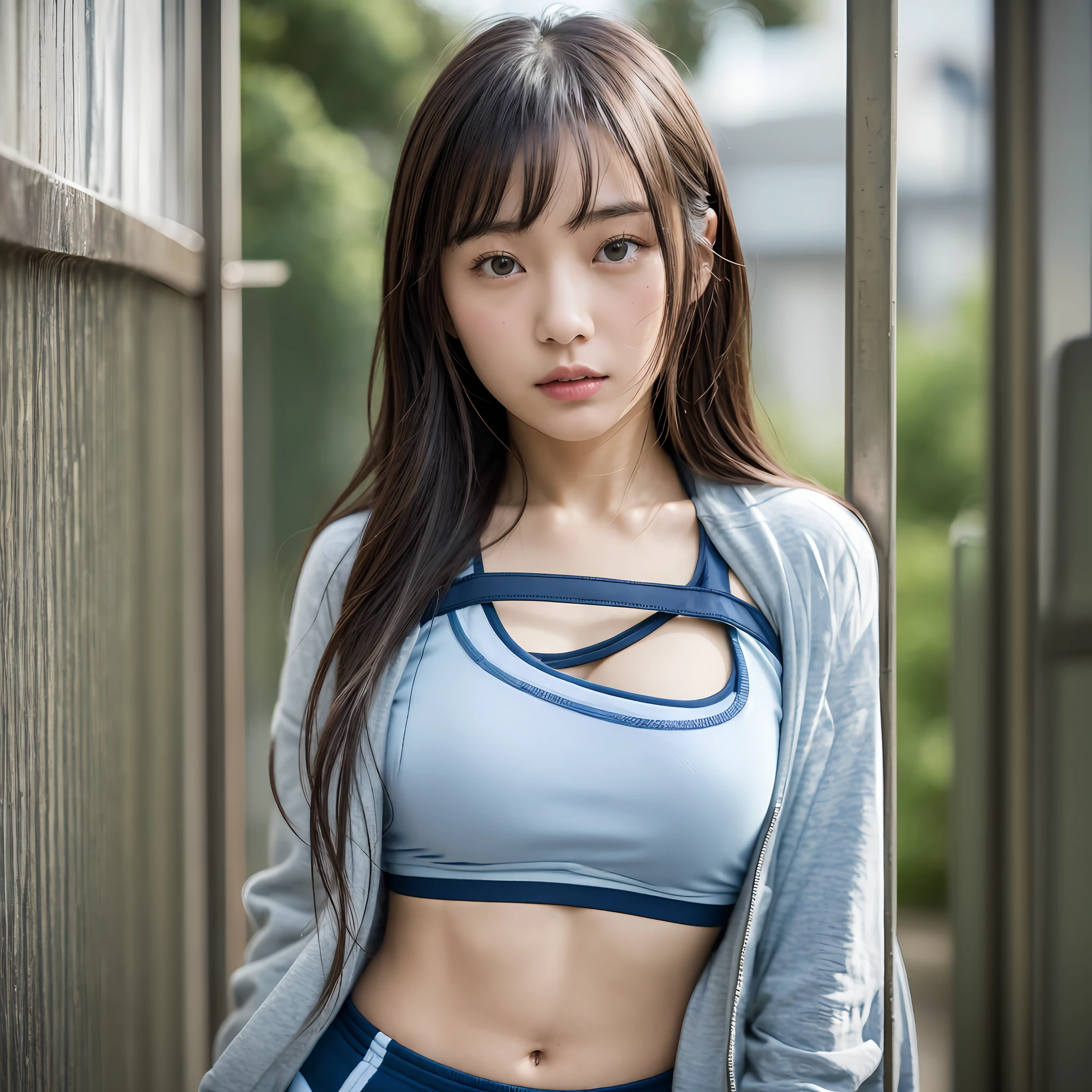 NSFW, 8K raw photo, best quality, masterpiece, ultra high definition, film grain, filmg, 1girl, looking viewer, natural skin texture, realistic eye and face details, full lips, lipstick, Kazue Kato, 18 years old, female, Akiko Toshitakase, Kiyoko Suzuki, Rinko Kawaichi, Yuka Kazami, Shiori Teshirogi, Yasumoto Oka, Ayami Kojima, Takeyuki Kanda, Chiho Ajima, Aoi Ogata ,Height 158cm,Weight 53kg,Bust 83cm(D cup), Waist 61cm, Hips 86cm, Long hair, white gym clothes, dark blue bloomers, solo, playground (background) - --auto --s2