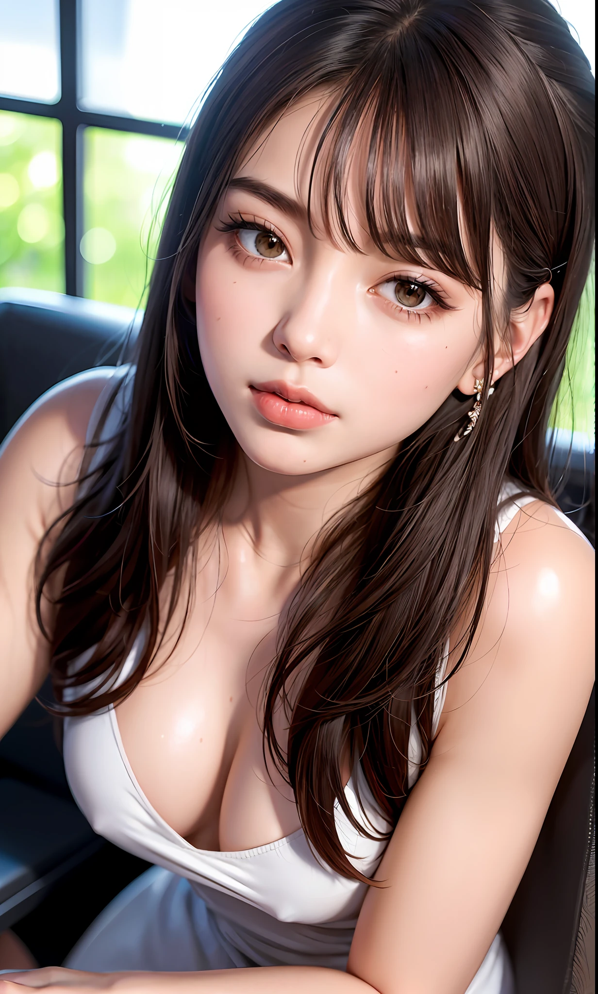 (8k, RAW, Photorealistic: 1.25), (Lip Gloss, Eyelashes, Glossy Face, Glossy Skin, Best Quality, Ultra High Resolution, Depth of Field, Chromatic Aberration, Caustics, Wide Lighting, Natural Shading, Kpop Idol) Gentle and goddess-like happiness looking at the viewer, brown hair, clothes see-through, shiny lips, liquid on it, pin heels