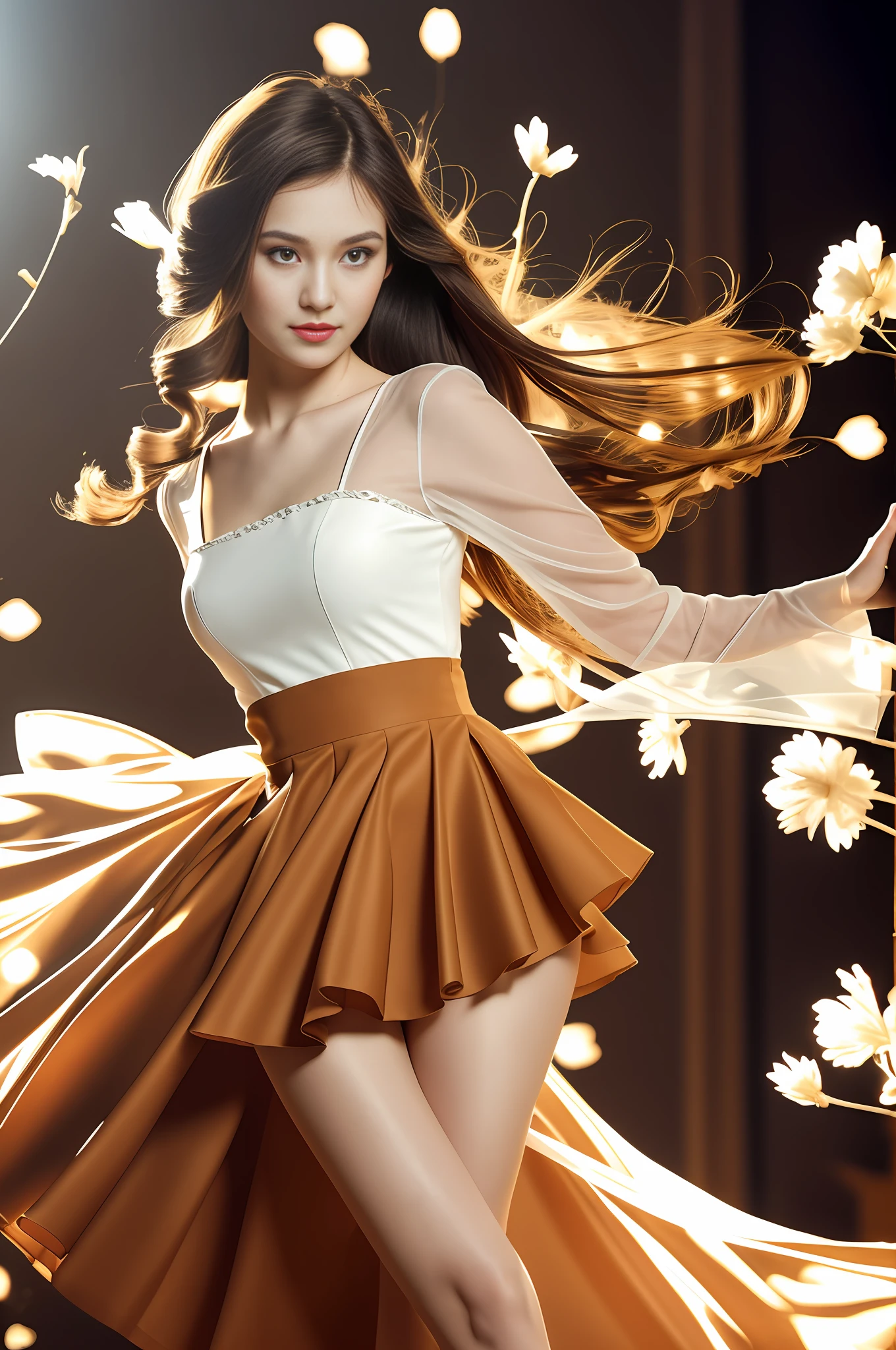 Superb Style, Masterpiece, High Resolution, (Exquisite Body: 1.5), Stunning Beauty, (Milky Skin: 1.3), Exquisite Details, High Resolution, Wallpaper, 1 Woman, Solo, Transparent Tulle Dress, Hair Accessories, , Flower, Long Hair, Buster Figure, Brown Hair, Smile, Accessories, Dance Pose, Wide Sleeves, Big Eyes, Flowing Hair, Embroidery, Short Skirt, Dance Pose, Falling Petals, Interior, Fanning, 16K, HDR, High Resolution, Depth of Field, (Film Grae: 1.1), Bocon, Primetime, (Lens Glow), Vignette, Rainbow, (Color Grading: 1.5)