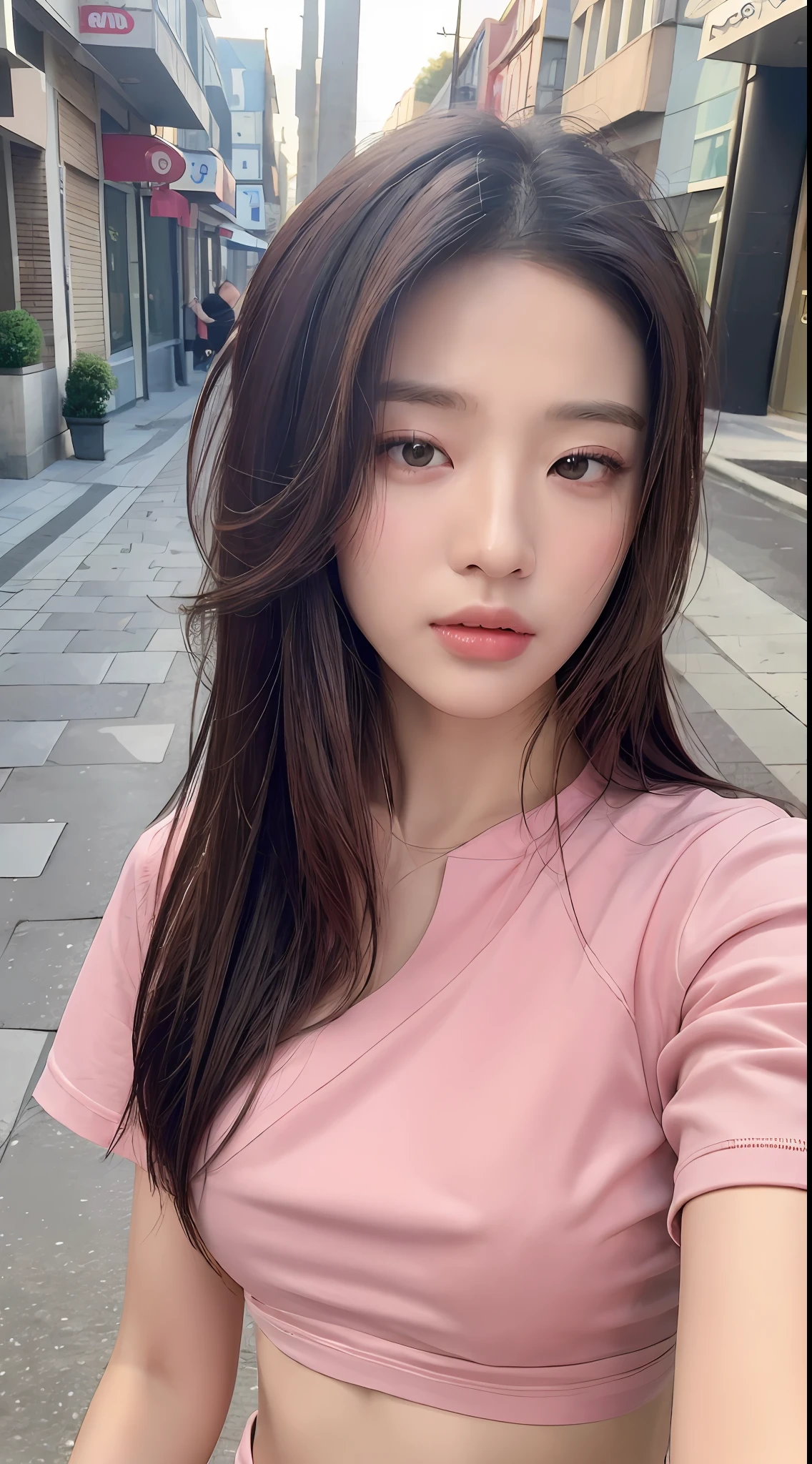 ((Best quality, 8k, Masterpiece :1.3)), Sharp focus :1.2, Perfect Body Beauty:1.4, Slim Abs:1.2, ((Layered hairstyle: 1.2)), (Pink shirt:1.1), (Street:1.2), Highly detailed face and skin texture, Fine eyes, Double eyelids, squinting slightly,