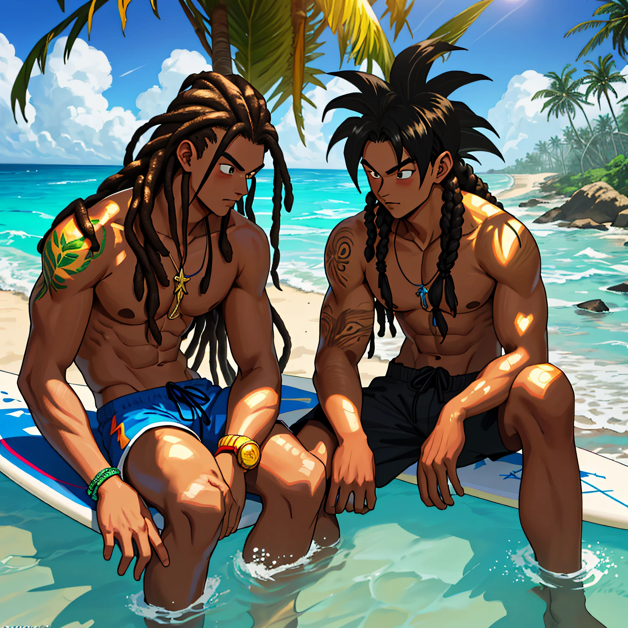 best quality, serious,Summer, sun, beach, coconut palms, swell sea, nature, light blue sky, morro de são paulo, bahia, brasil, anime style, 2d, young man sitting in the shade of the coconut tree, with his hand on his knee, holding a joint with smoke, looking down, luminous, dark skin, long hair of dreads, long wavy hair,, tan, surfboard, High waves, shirtless, surf shorts with coconut drawing, Hangdown, thoughtful, sunlight, sparkle on the face, shadow on the face, sitting on the sand, vegetation around, stone with moss, paradise, Lost Paradise, Mystic, Magic, Misterious Atmosfere, Manga Style, Dragon Ball Z, with marijuana based in hand, smoke coming out of the cigarette, burning ember, bermuda do surf até os joelhos com estampa de coqueiros num degradê ao preto