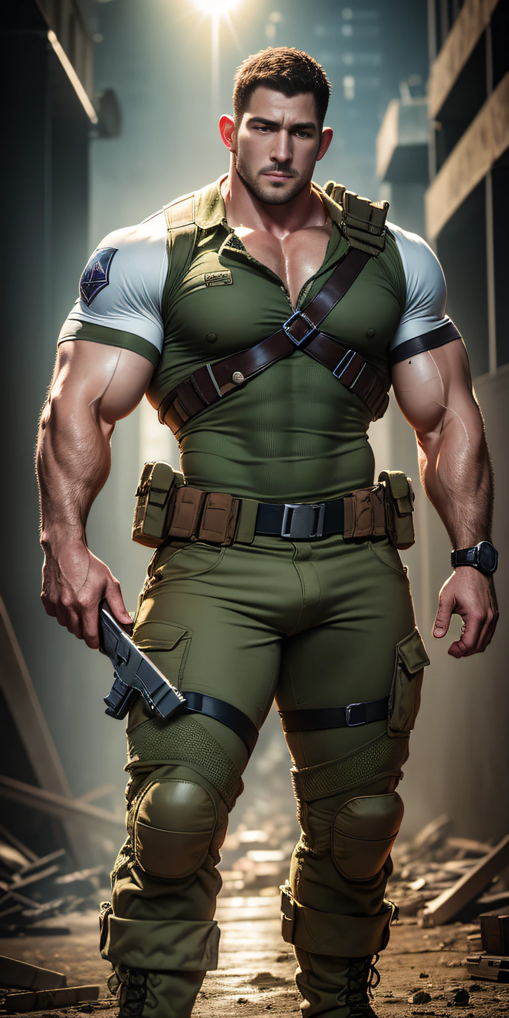 Movie poster, character design (Resident Evil - Chris Redfield, Chris Redfield) wearing a milky white combat uniform, standing alone in the ruins of the apocalypse, with a sad expression, muscular male hero, heroic male pose, tall and burly, muscular! Wearing sunglasses, sexy charming muscular leg muscles, tall burly, creamy white combat suit, super gain and cool, high resolution committee, cream white combat boots, attractive strong man, blazing sun on the body, sweat soaked clothes