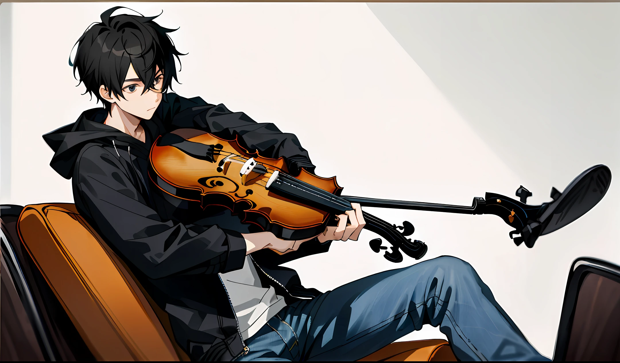 (Masterpiece, Best Quality:1.2), Solo, Male Focus, One Boy, Synji Chair, Seated, Short Black Hair, Hooded Jacket, Jeans, Sneakers Has a Hefner violin bass