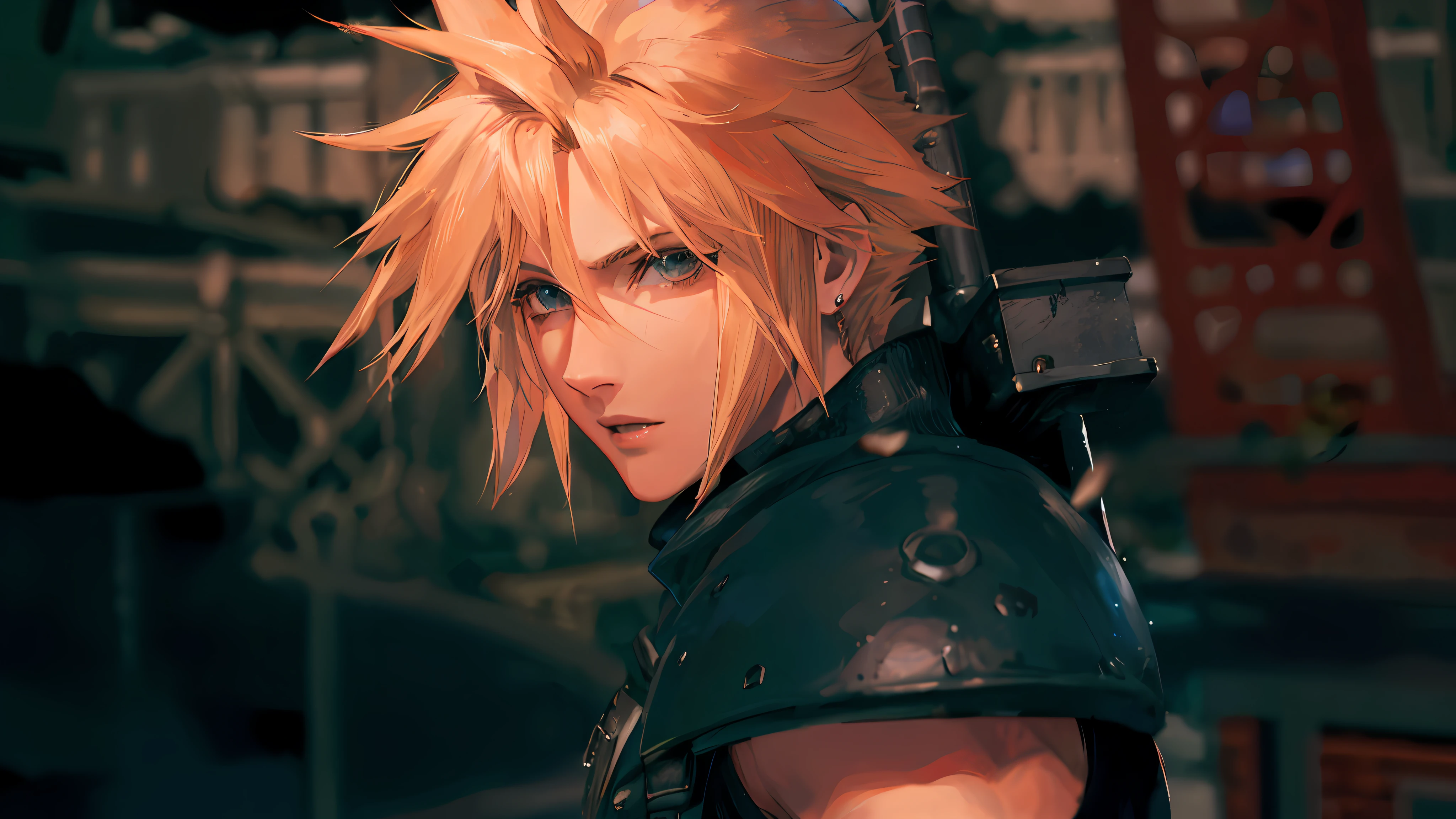 a close up of a person with a sword in a city, cloud strife, portrait of cloud strife, from final fantasy vii, final fantasy 7, from ff7, ff 7, cloud, from final fantasy, final fantasy face, final fantasy character, final fantasy, final - fantasy, final-fantasy, square enix, final fantsy, closeup portrait shot