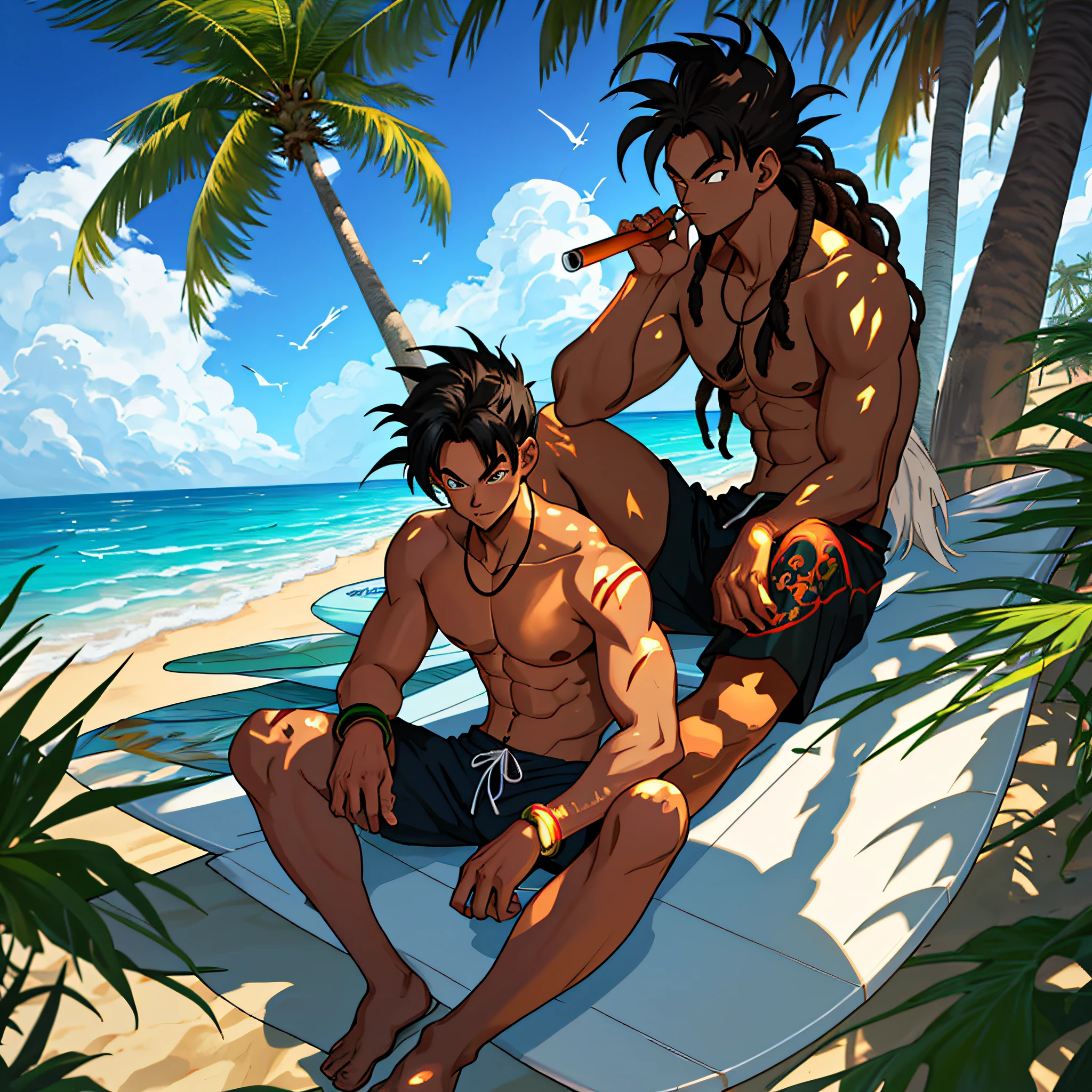 best quality, serious,Summer, sun, beach, coconut palms, swell sea, nature, light blue sky, morro de são paulo, bahia, brasil, anime style, 2d, young man sitting in the shade of the coconut tree, with his hand on his knee, holding a joint with smoke, looking down, luminous, dark skin, long hair of dreads, long wavy hair,, tan, surfboard, High waves, shirtless, surf shorts with coconut drawing, Hangdown, thoughtful, sunlight, sparkle on the face, shadow on the face, sitting on the sand, vegetation around, stone with moss, paradise, Lost Paradise, Mystic, Magic, Misterious Atmosfere, Manga Style, Dragon Ball Z, with marijuana based in hand, smoke coming out of the cigarette, burning ember, bermuda do surf até os joelhos com estampa de coqueiros num degradê ao preto