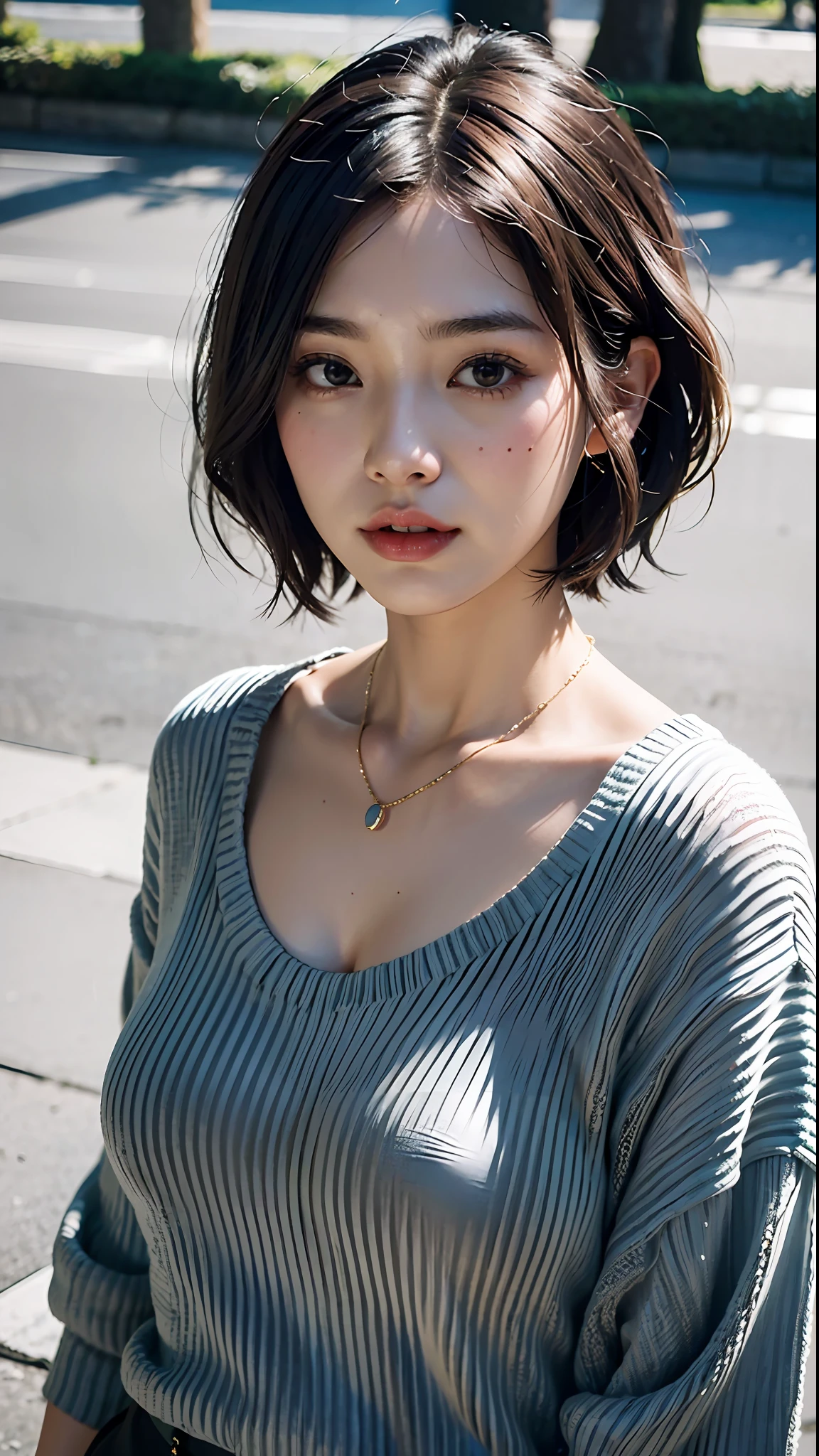 (Best Quality, 8k, 32k, Masterpiece, UHD: 1.2), Cute Japan Woman Pictures, Normal Breasts, Very Short Bob Hair, Upper Body, Face Focus, oversized_sweater, Necklace, Simple Background, From Above, Watch the Viewer,