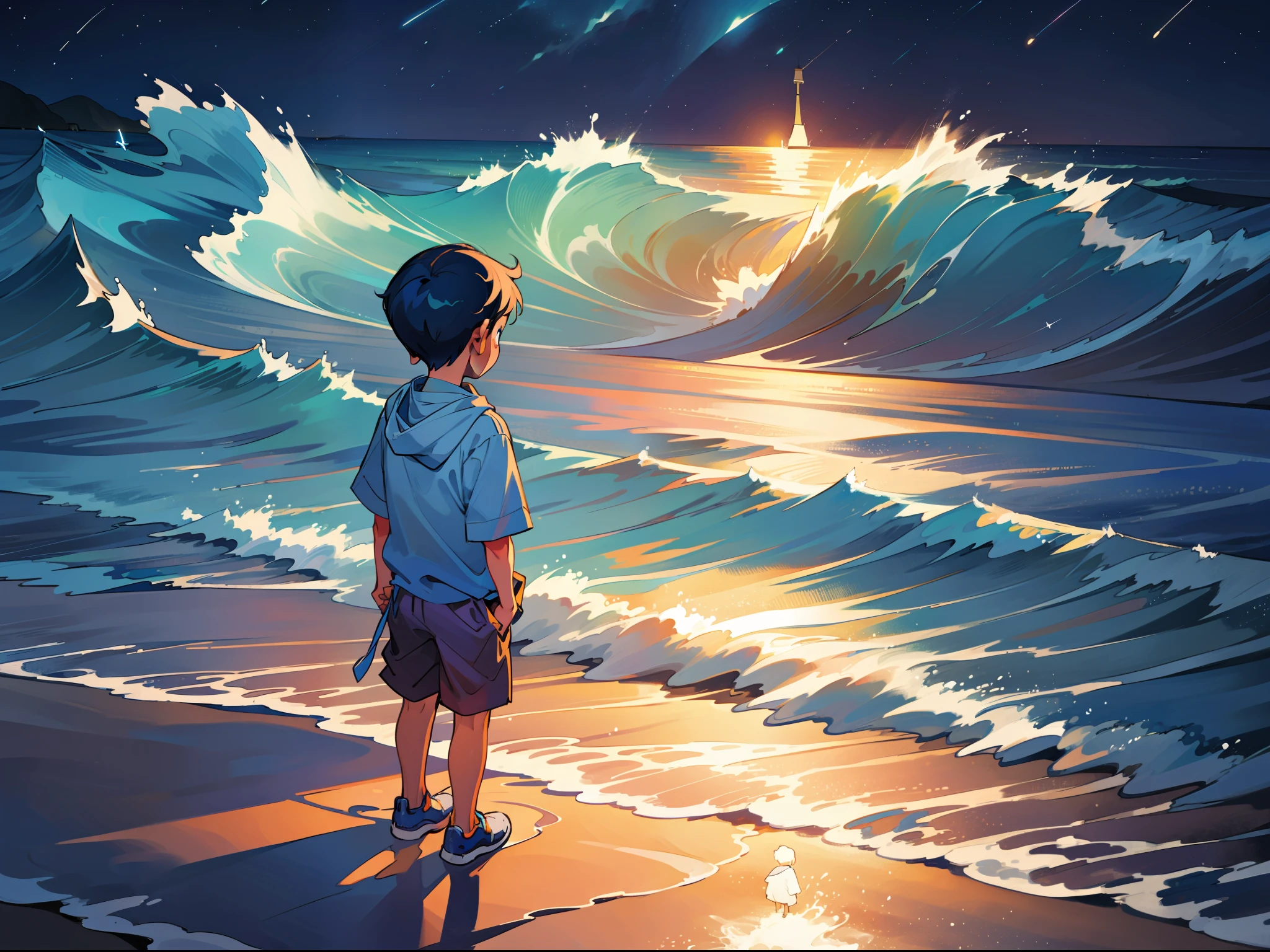 Little boy with his back to the sea, standing on the beach, night, beautiful night light, waves rolling, picture book style, colorful