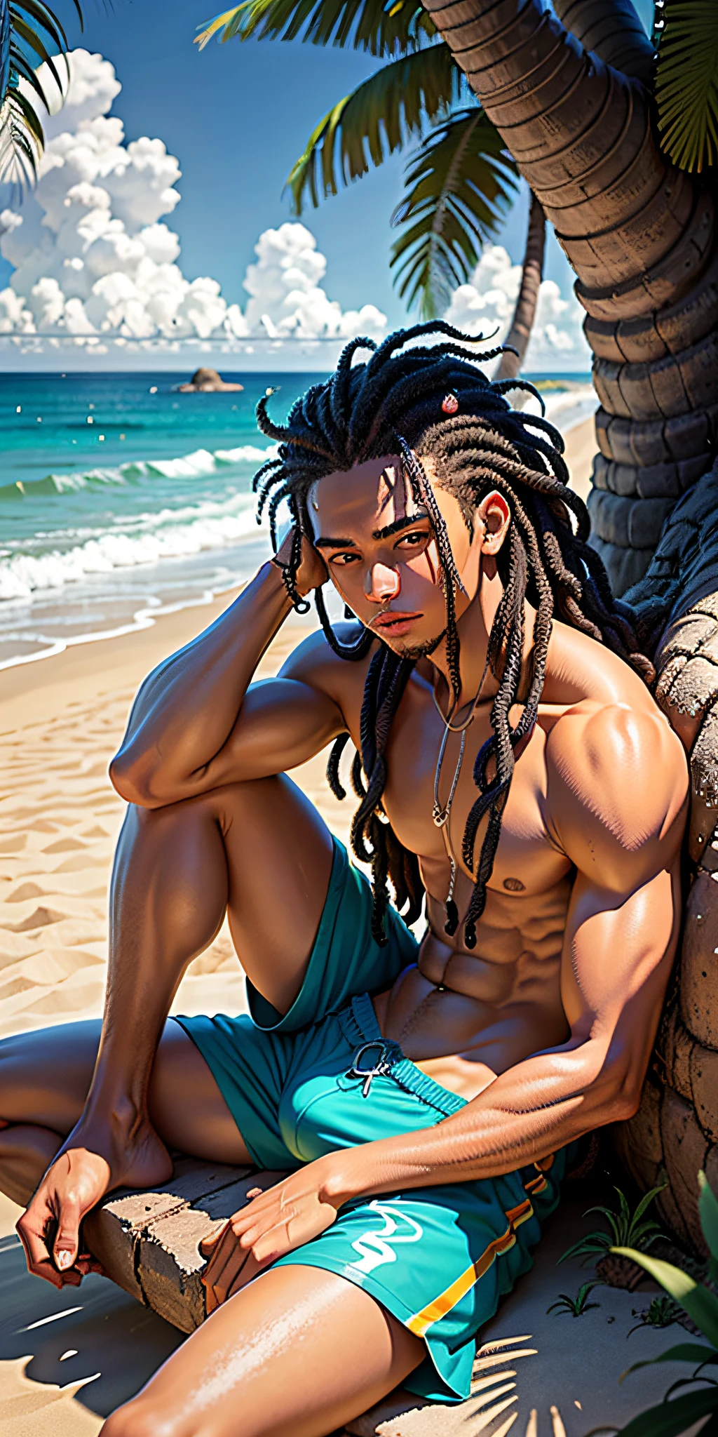 Summer, sun, beach, coconut palms, swell sea, nature, light blue sky, morro de são paulo, bahia, brasil, anime style, 2d, young man sitting in the shade of the coconut tree, with his hand on his knee, holding a joint with smoke, looking down, luminous, dark skin, long hair of dreads, long wavy hair,, tan, surfboard, High waves, shirtless, surf shorts with coconut drawing, Hangdown, thoughtful, sunlight, sparkle on the face, shadow on the face, sitting on the sand, vegetation around, stone with moss, paradise, Lost Paradise, Mystic, Magic, Misterious Atmosfere, Manga Style, Dragon Ball Z, with marijuana based in hand, smoke coming out of the cigarette, burning ember