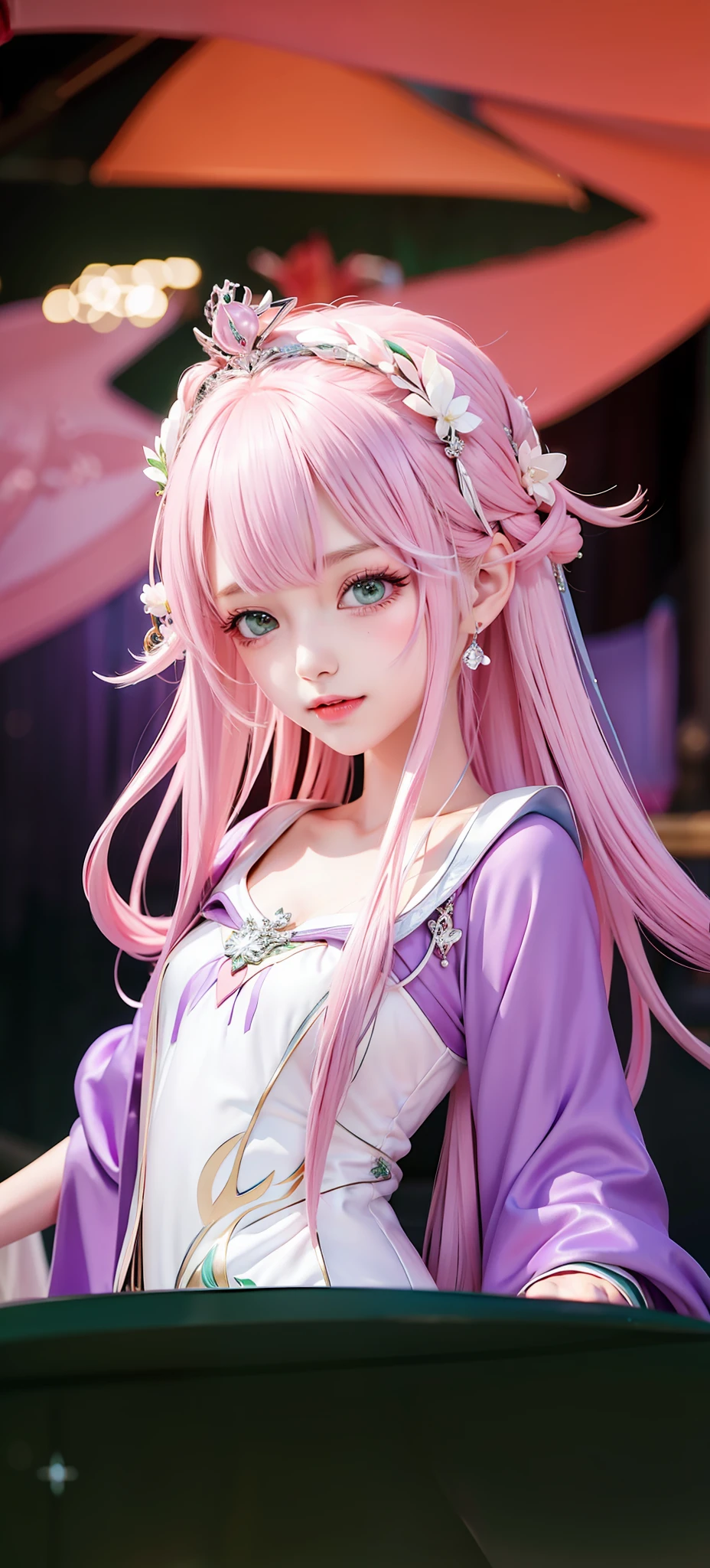 Long pink hair, green eyes, princess, silver crown, pink-purple robe, white long dress,