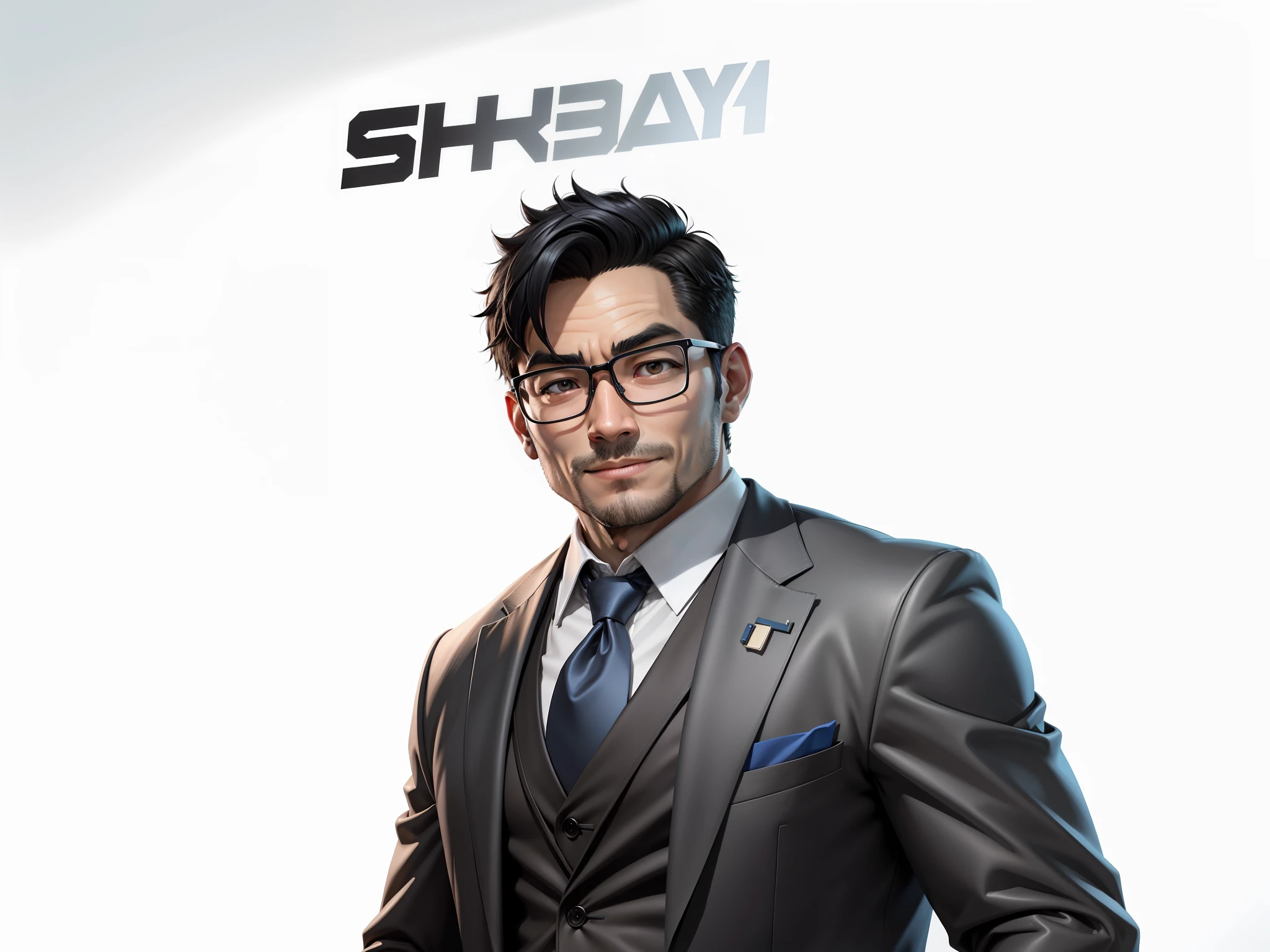 Super young, Japanese suit man, 35 years old, silver glasses, slightly chubby face, clean face, no beard on chin, black super short hair, black eyes, black suit, blue tie, confident smile, digital painting, film, 3D character design by Mark Claireden and Pixar and Hayao Miyazaki, the illustration is a high-definition illustration in 4K resolution with very detailed facial features and cartoon-style visuals.