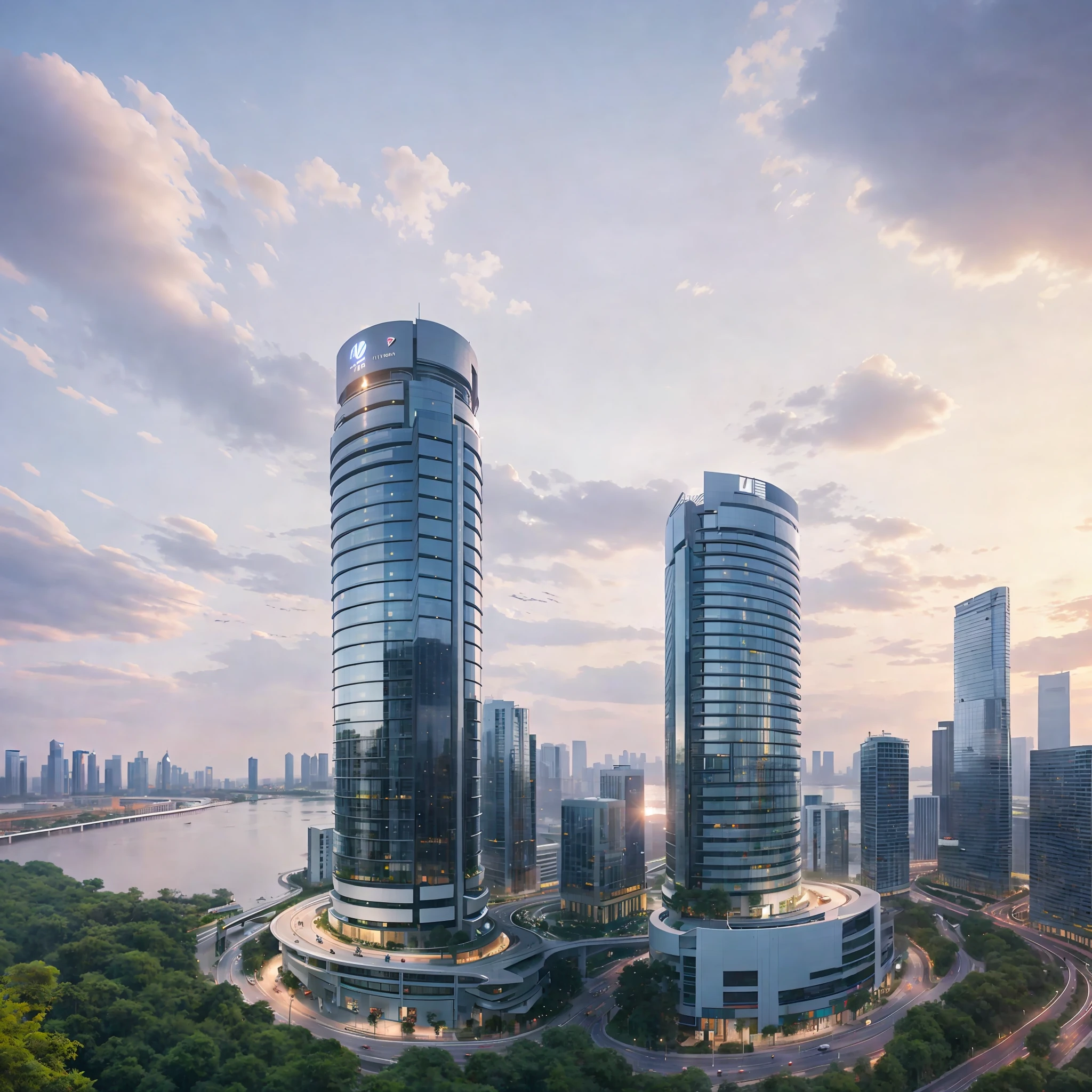 buildings in a city with a river in the background, high-rise buildings, highrise business district, shanghai, hangzhou, skyscrapers with greenery, high rise buildings, hq very detailed, shenzhen, rendered in corona, with tall glass skyscrapers, view, super wide view of a cityscape, by Zha Shibiao, full - view