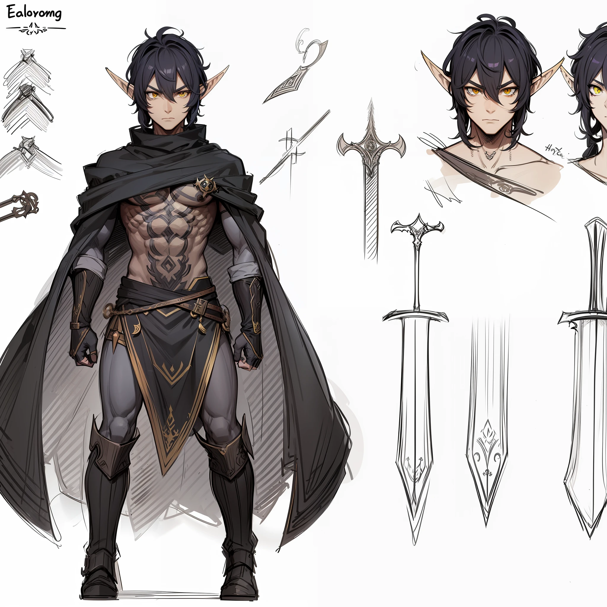 Sketch,male elf,strong,defined,yellow eyes,vagabong sleeve style